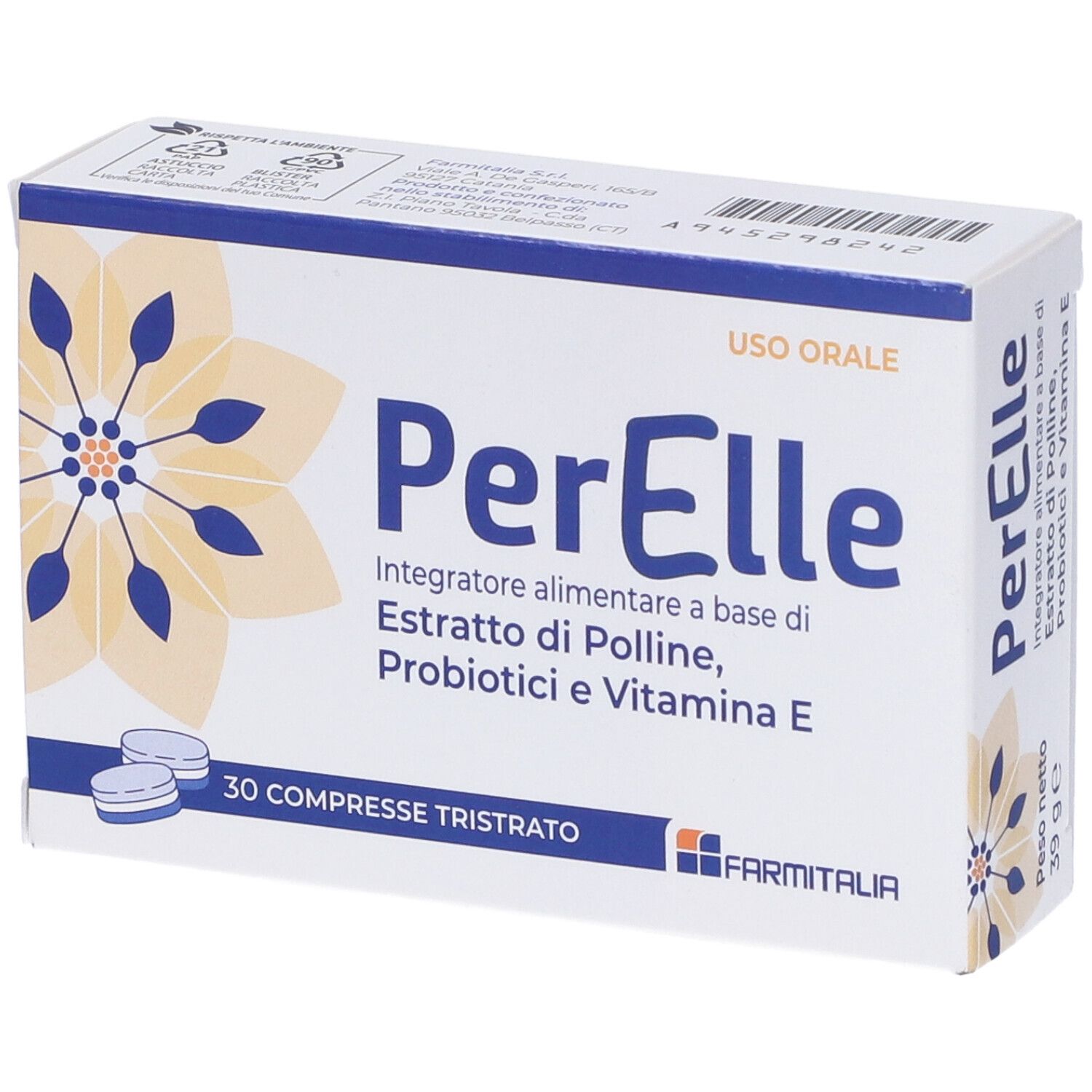 Scatola di compresse PerElle. Scritta: 'Integratore alimentare'. Due compresse davanti alla scatola.