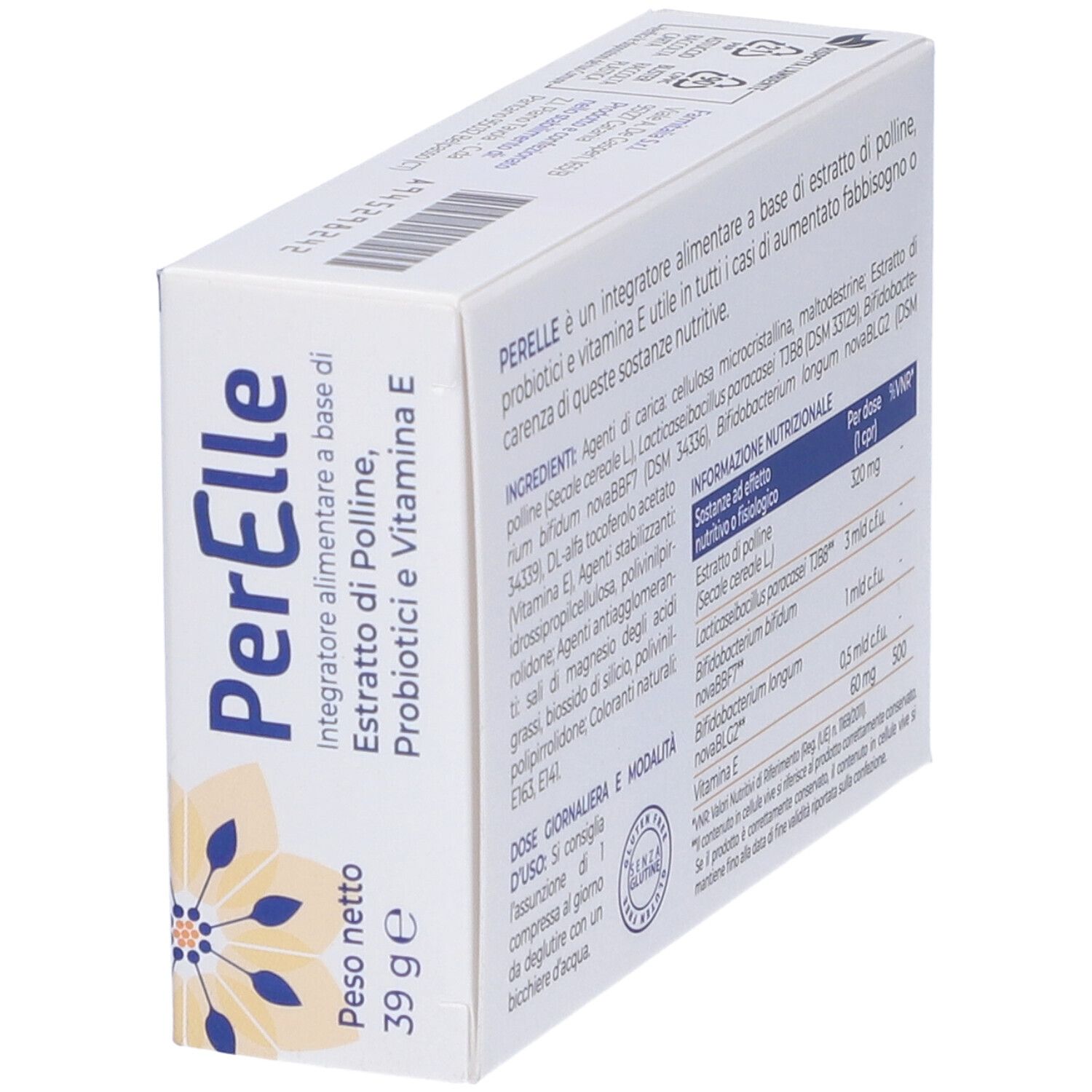 Vista obliqua della confezione PerElle. Testo sugli ingredienti e informazioni nutrizionali. Sigillo senza glutine.