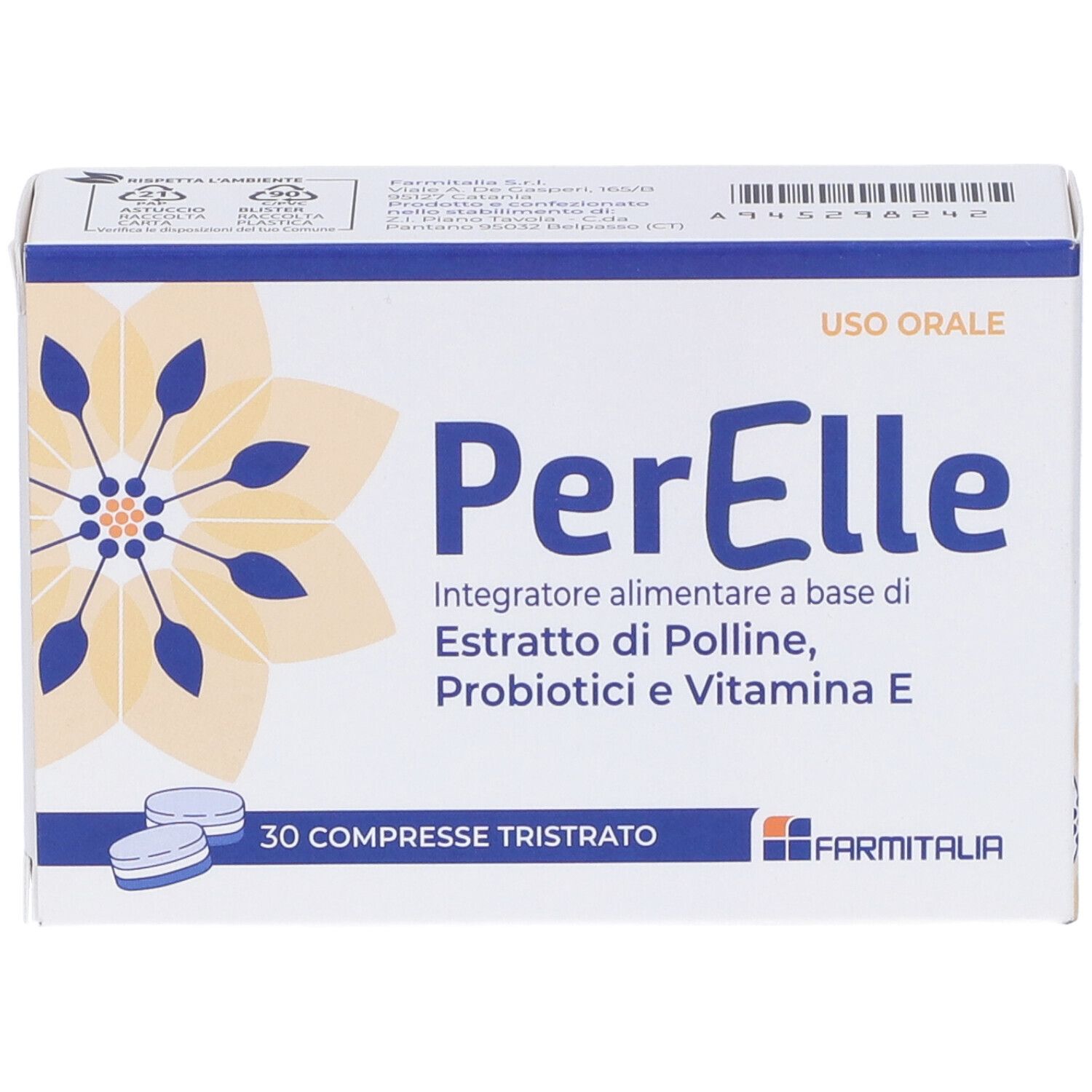 Scatola di compresse PerElle. Scritta: 'Integratore alimentare'. Due compresse davanti alla scatola.