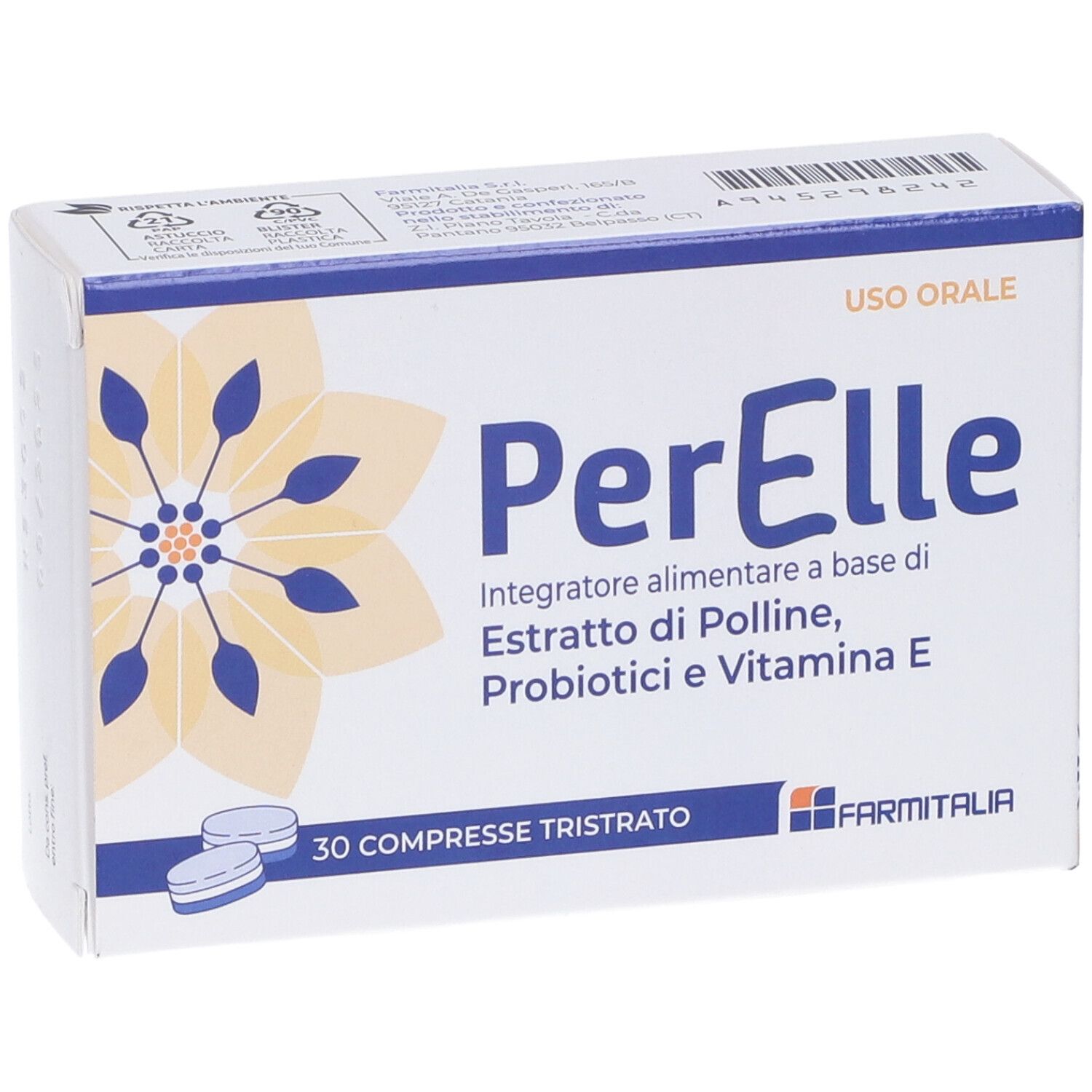 Scatola di compresse PerElle. Scritta: 'Integratore alimentare'. Due compresse davanti alla scatola.