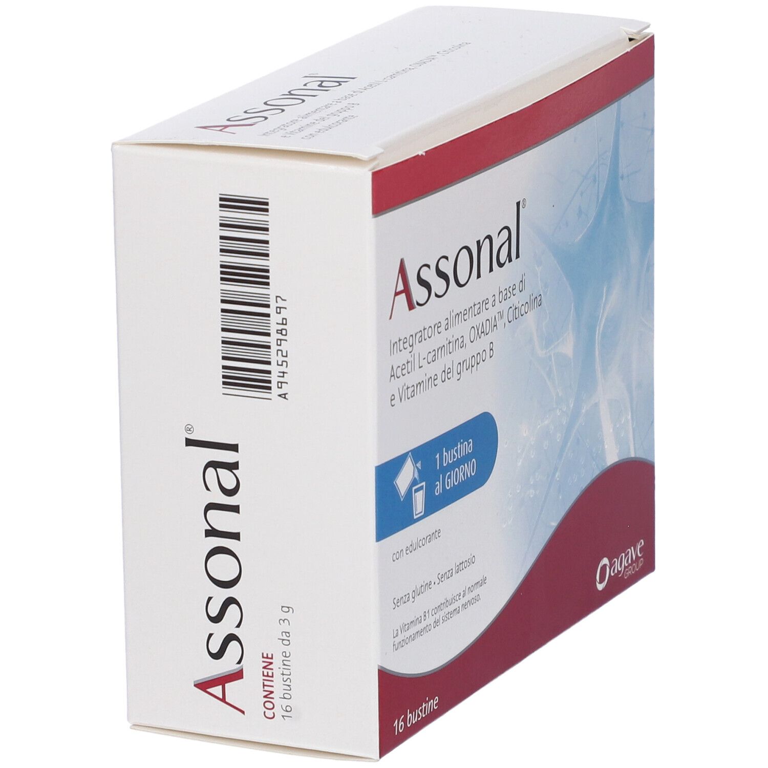 Scatola bianca inclinata con scritta Assonal e codice a barre. Contiene 16 bustine da 3 g.