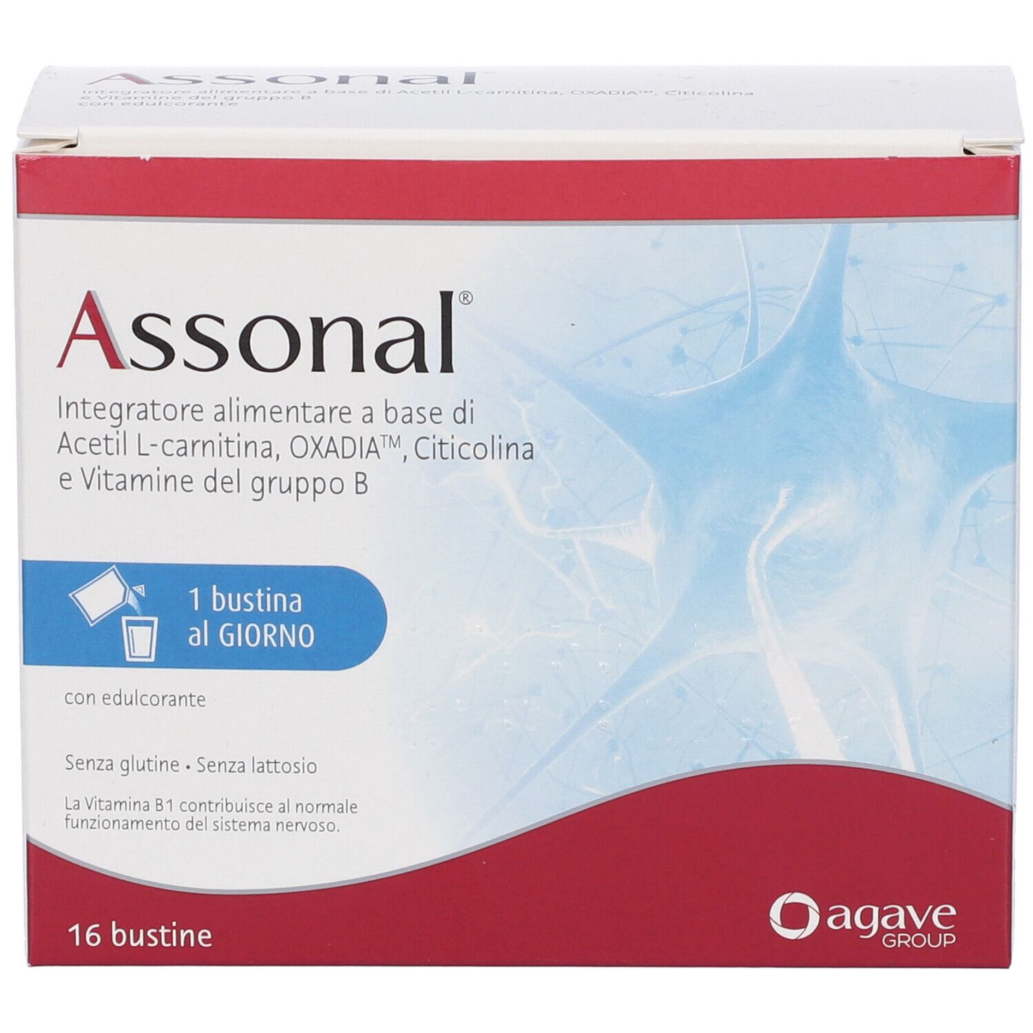 Scatola bianca con scritte Assonal e 16 bustine. Logo Agave Group e dettagli prodotto visibili.