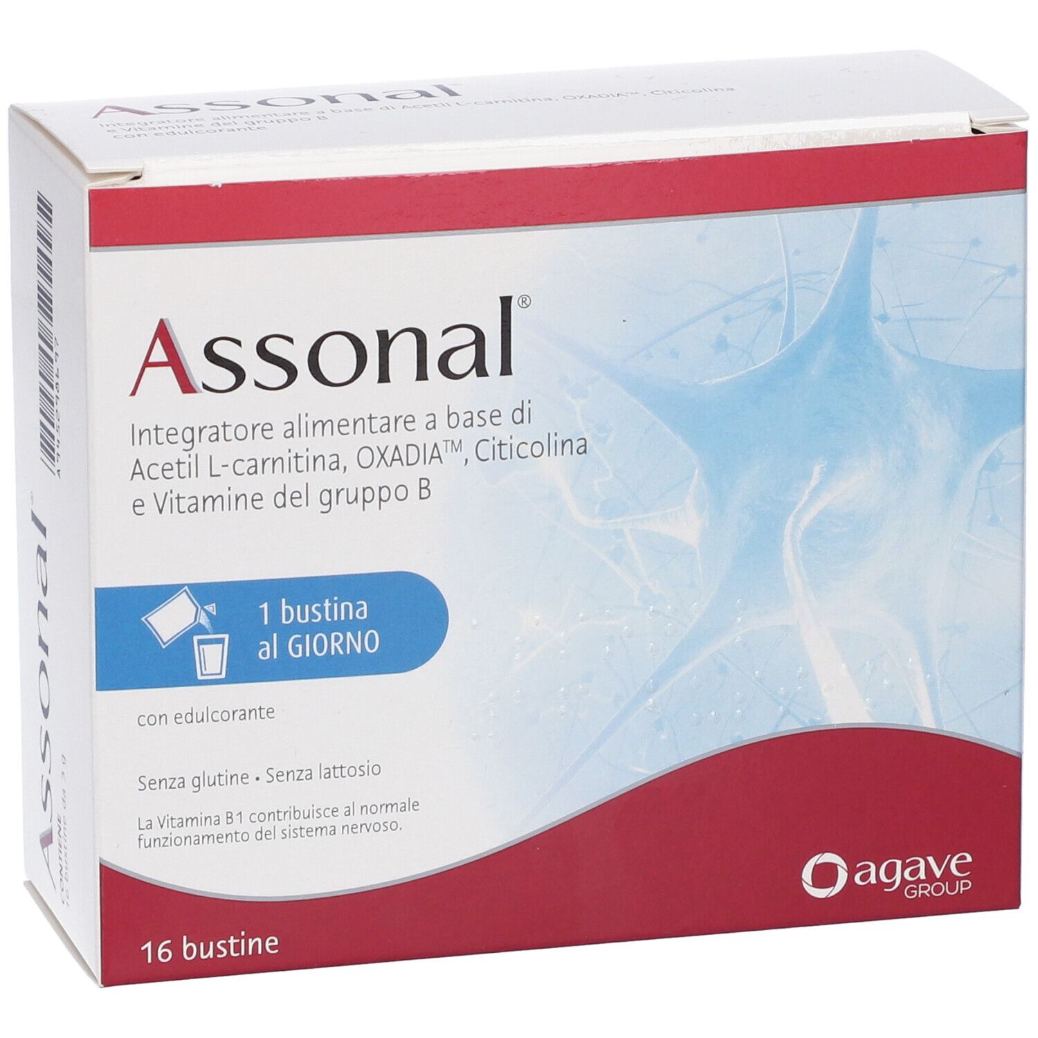 Scatola bianca con scritte Assonal e 16 bustine. Logo Agave Group e dettagli prodotto visibili.