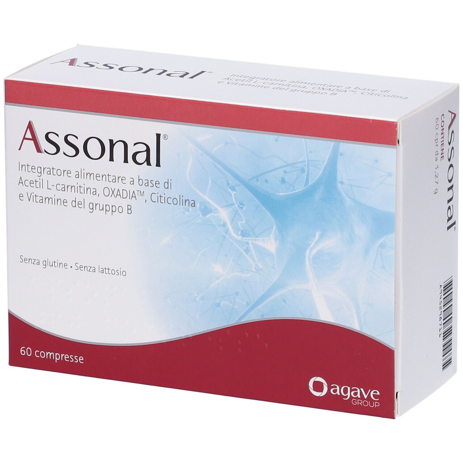 Scatola Assonal, 60 compresse. Contiene informazioni e logo Agave Group.