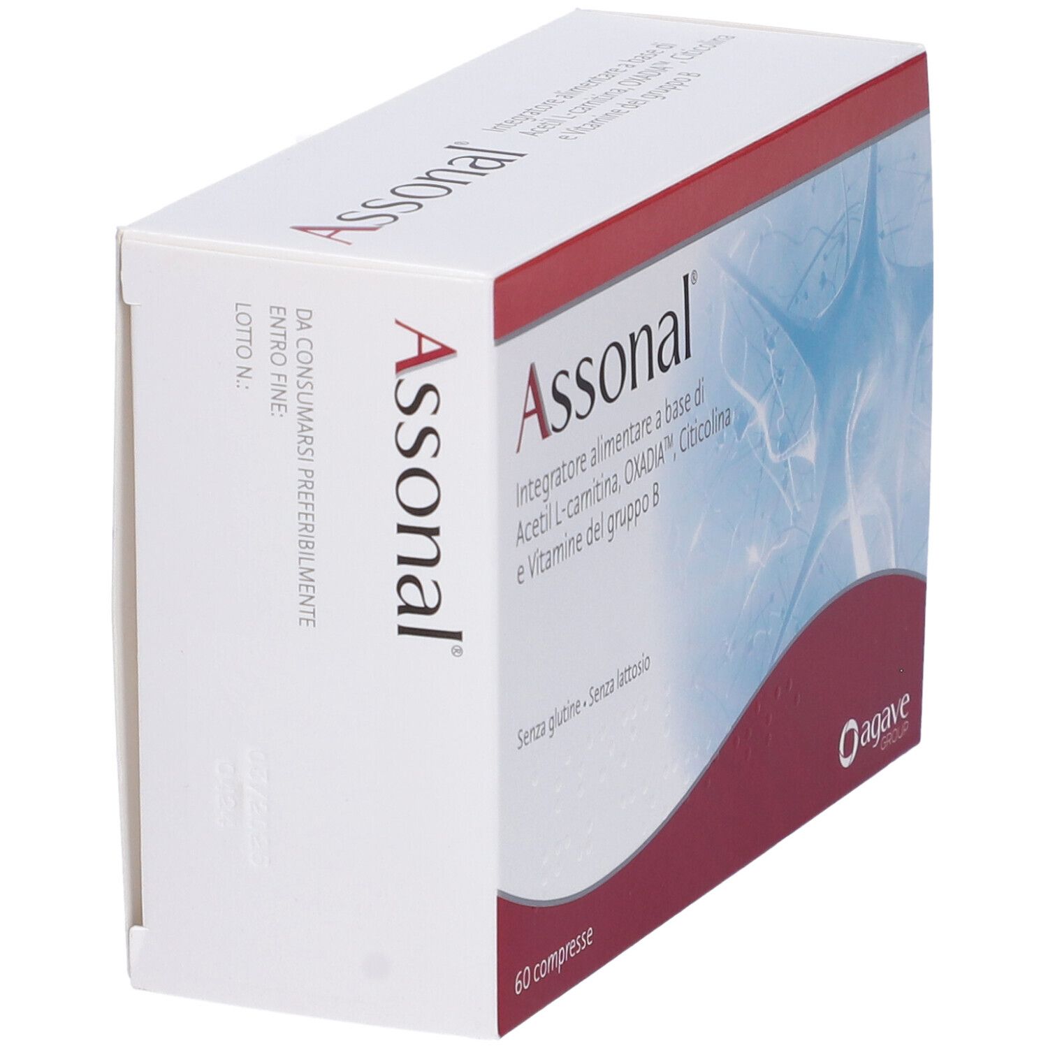 Scatola Assonal, vista laterale. Contiene 60 compresse. Logo Agave Group.