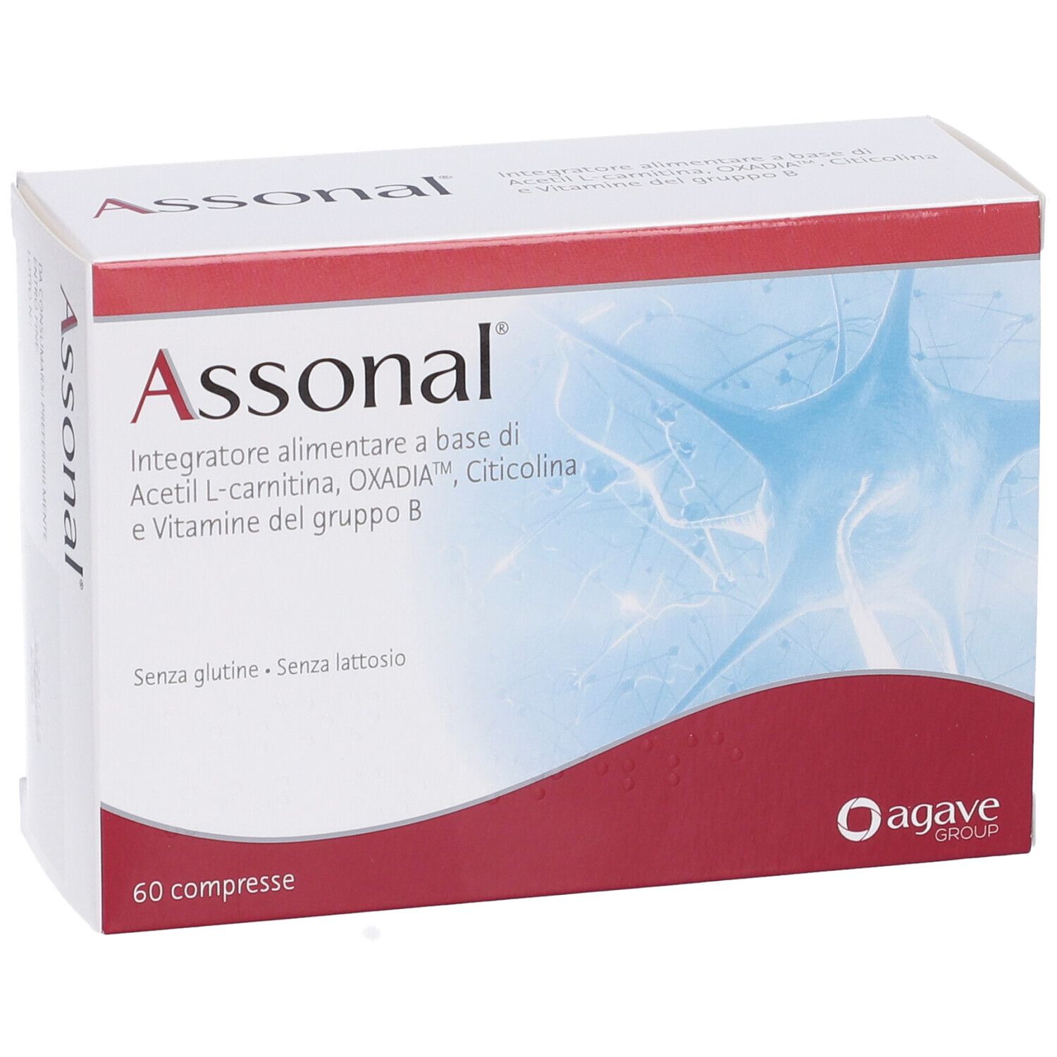 Scatola Assonal, vista frontale. Contiene 60 compresse. Logo Agave Group.