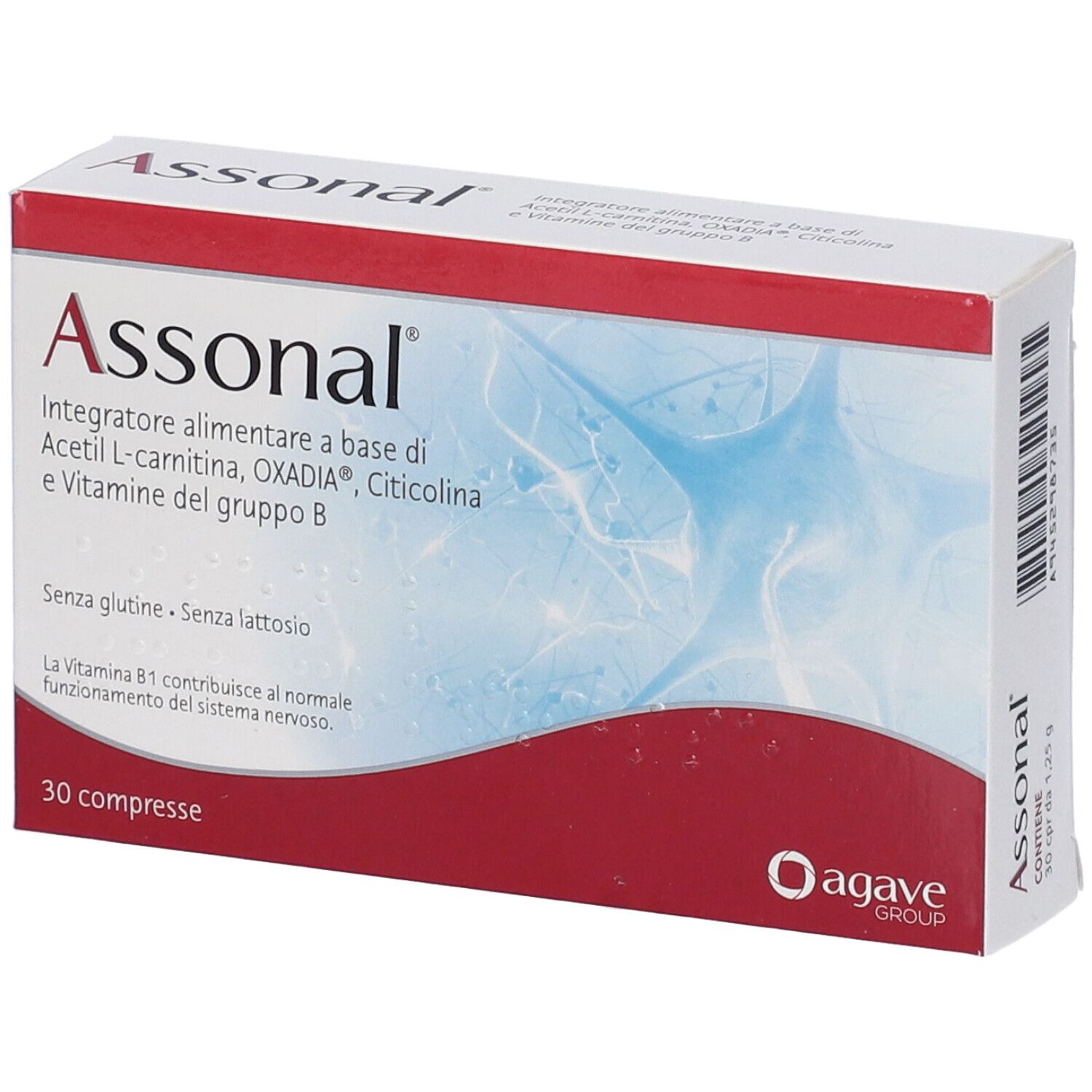 Boîte de comprimés Assonal. Emballage rouge et blanc. Contient 30 comprimés. Logo Agave Group.