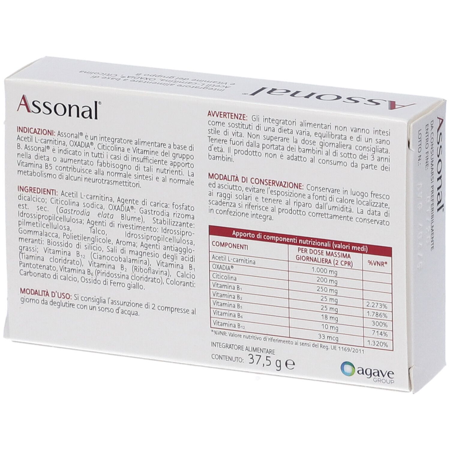 Dos de la boîte de comprimés Assonal. Contient des informations sur les ingrédients et le dosage. Logo Agave Group.