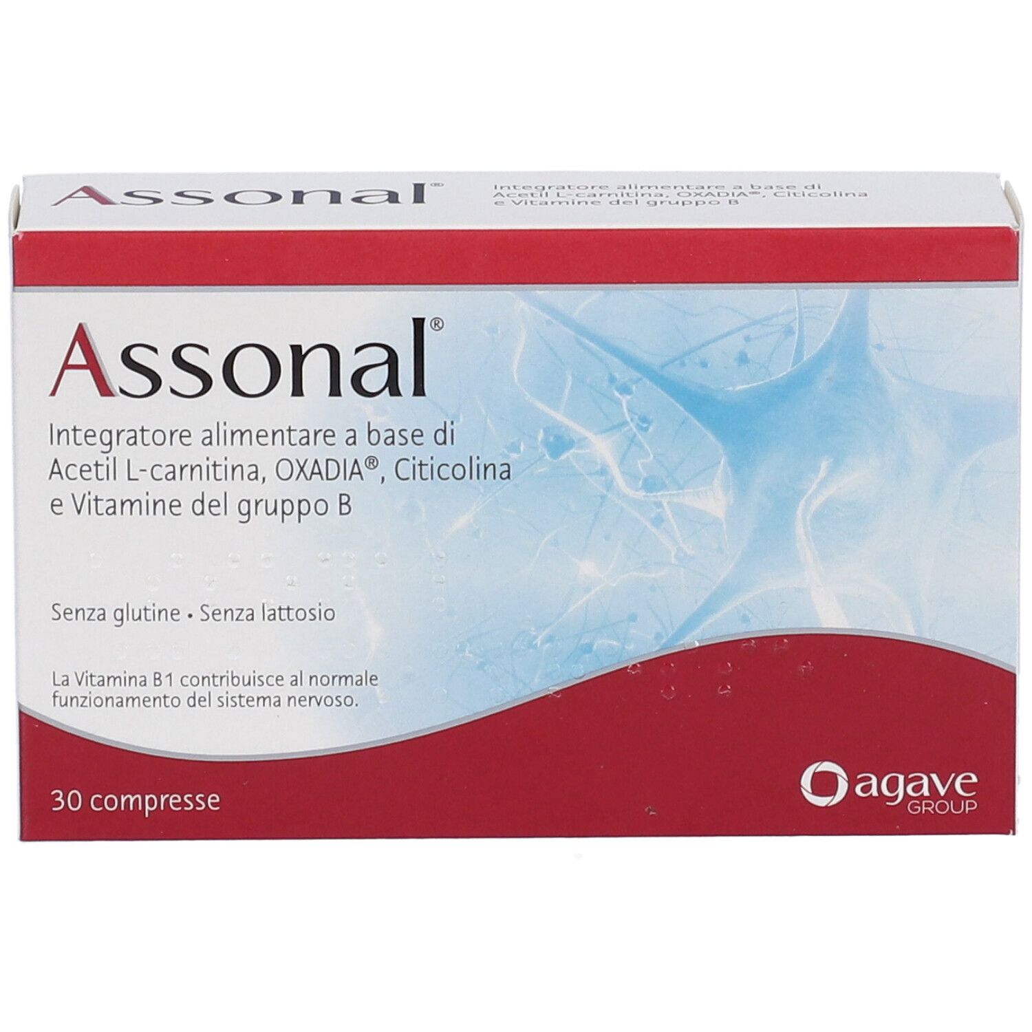 Boîte de comprimés Assonal. Emballage rouge et blanc. Contient 30 comprimés. Logo Agave Group.