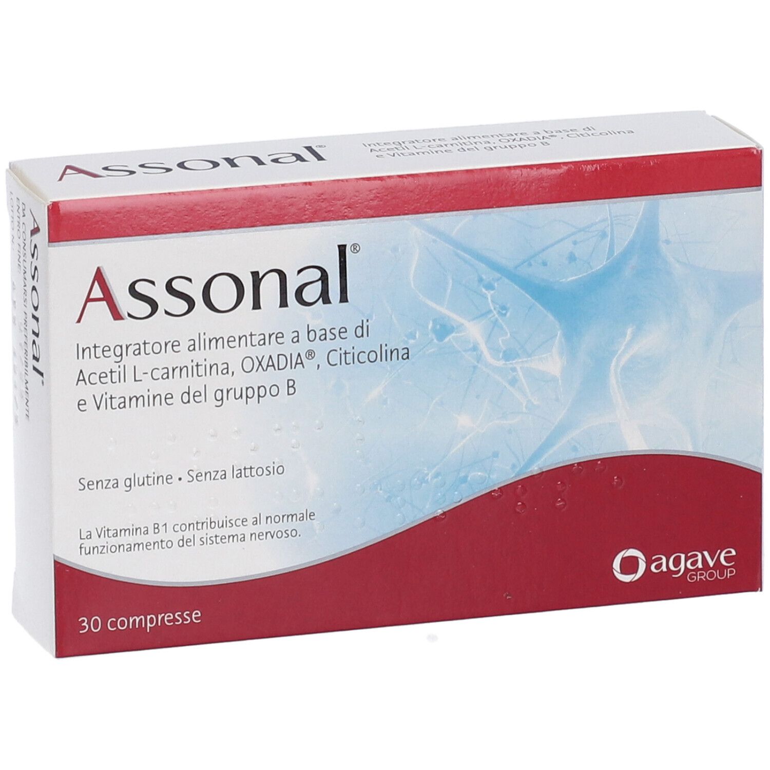 Boîte de comprimés Assonal. Emballage rouge et blanc. Contient 30 comprimés. Logo Agave Group.