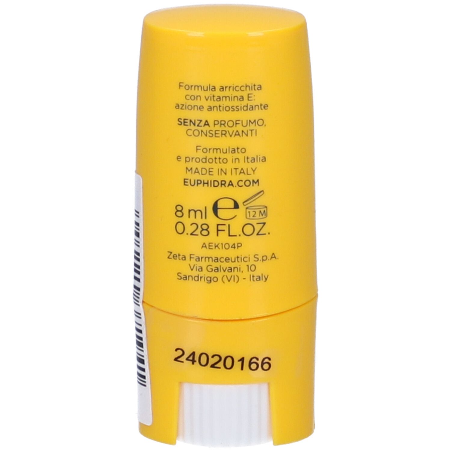 Gelber Sonnenschutz-Stick. Rückseite mit Text: Formel mit Vitamin E, ohne Parfüm, 8 ml, 0.28 FL.OZ.