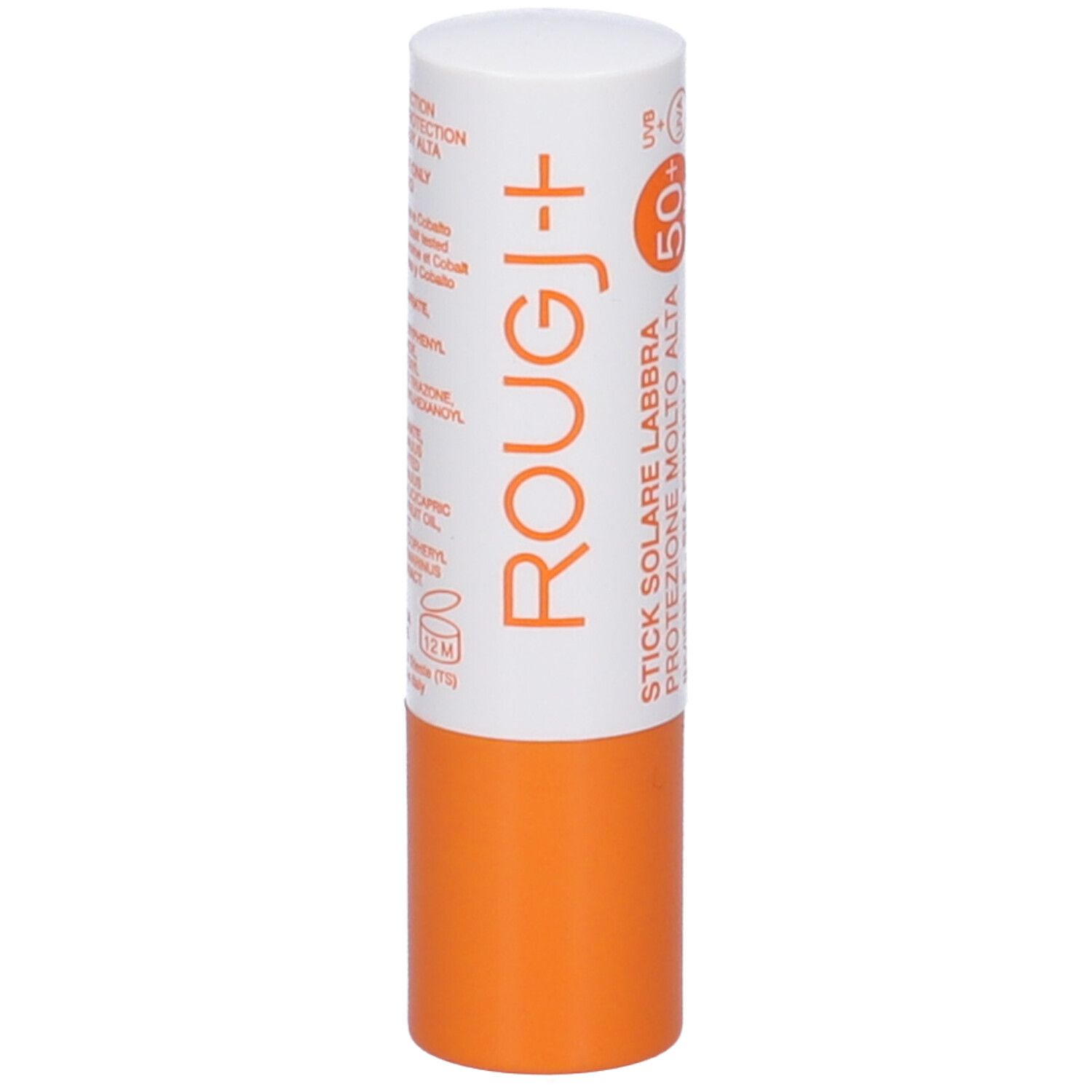 Stick solare labbra bianco e arancione. Scritta: ROUGJ+, Stick Solare Labbra, SPF50+. Ingredienti visibili.