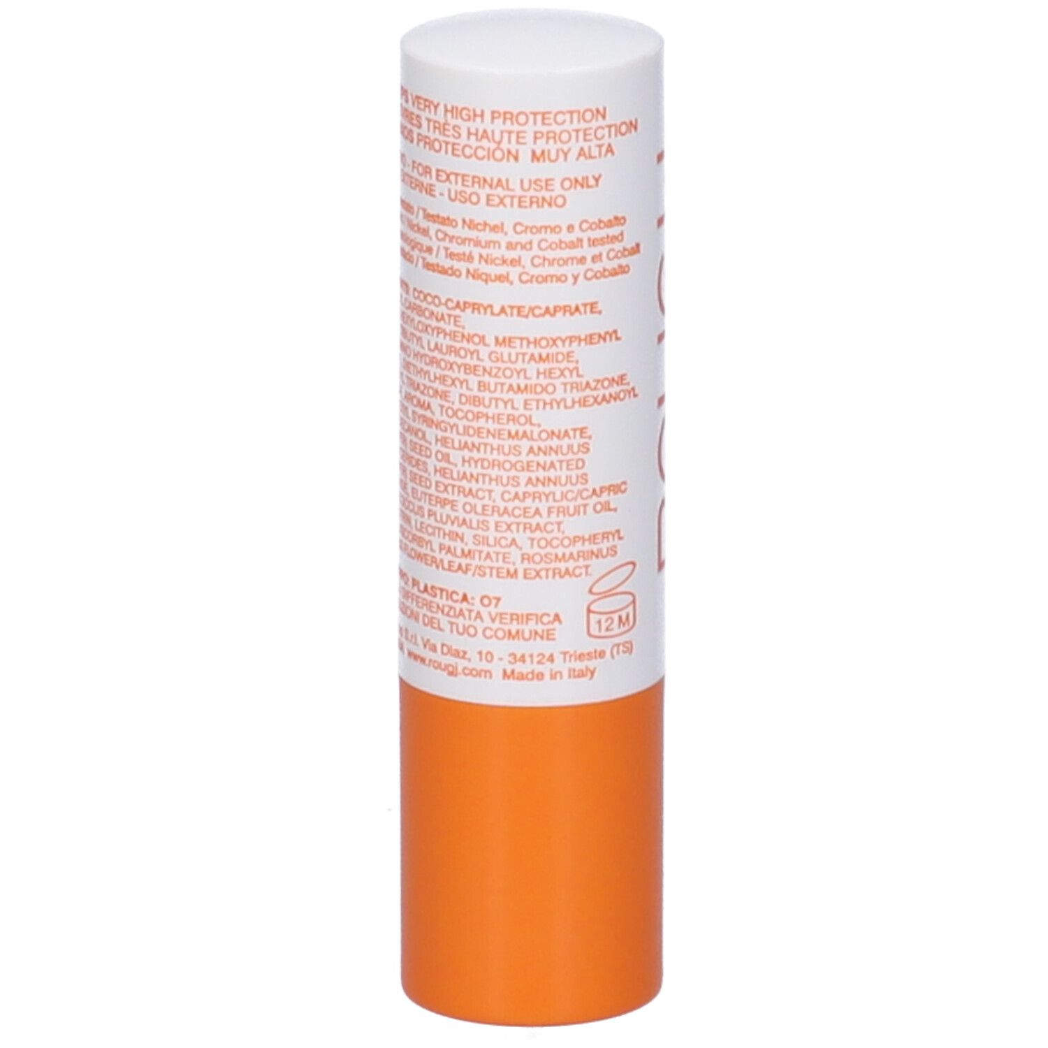 Retro dello stick labbra. Testo: ingredienti, dermatologicamente testato, simbolo 12M. Parte arancione.