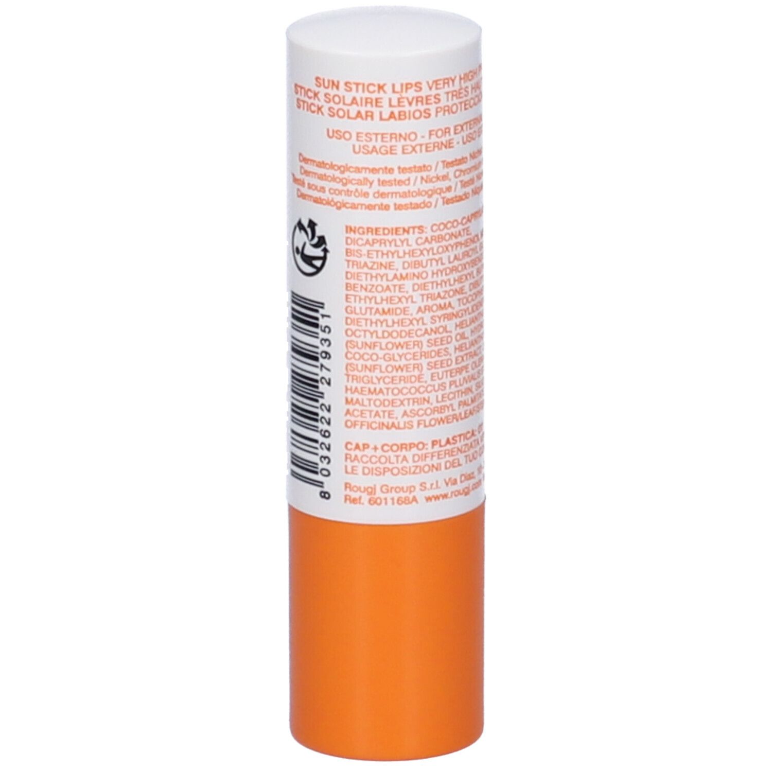 Retro dello stick labbra. Testo: protezione solare, ingredienti, dermatologicamente testato. Parte arancione.