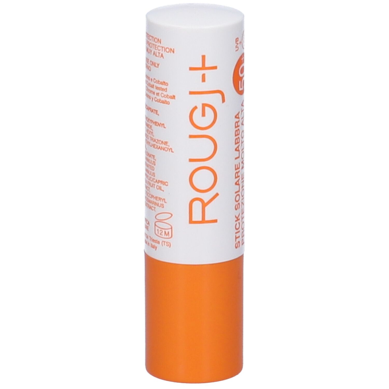 Stick labbra bianco e arancione. Scritta: ROUGJ+, Stick Solare Labbra, SPF50+. Ingredienti visibili.