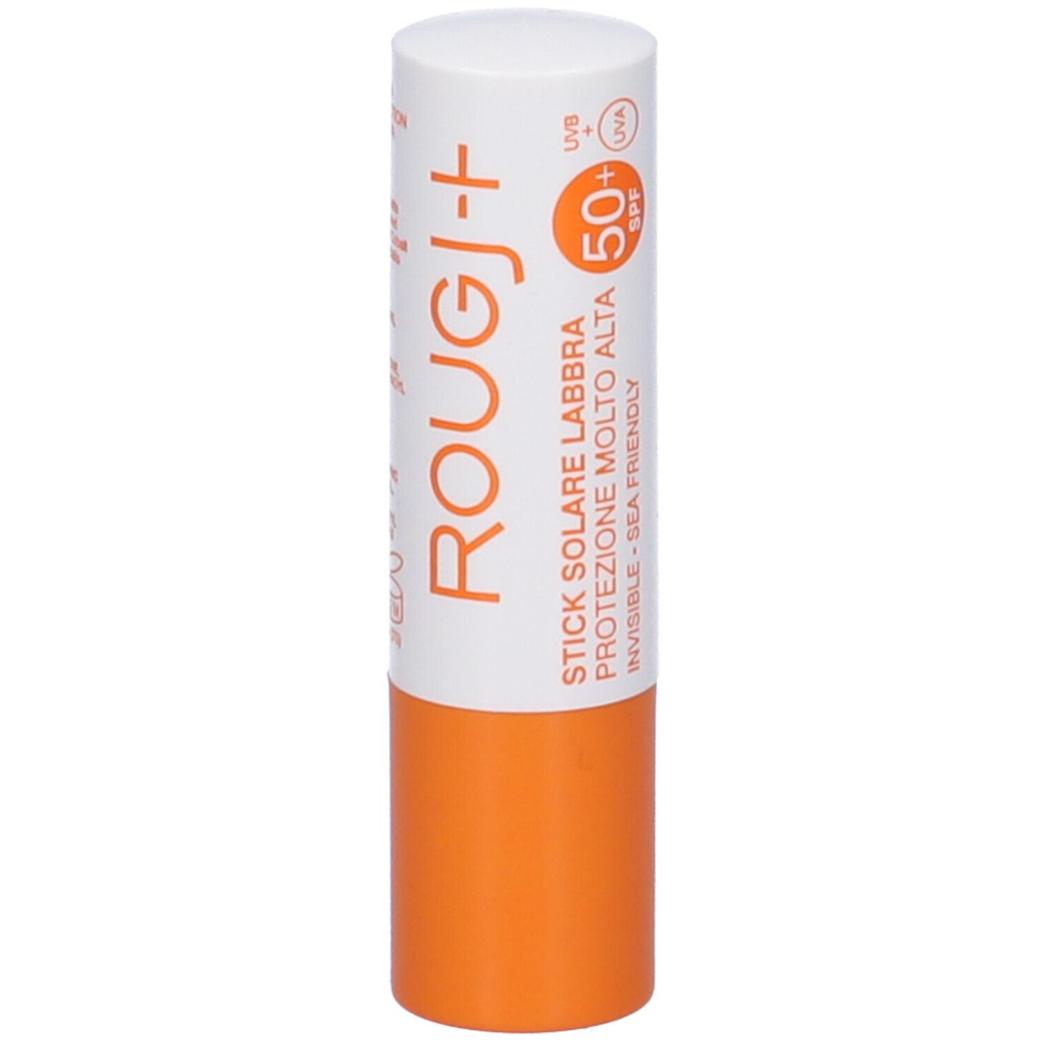 Stick labbra bianco e arancione. Scritta: ROUGJ+, Stick Solare Labbra, SPF50+. Simbolo UVA.
