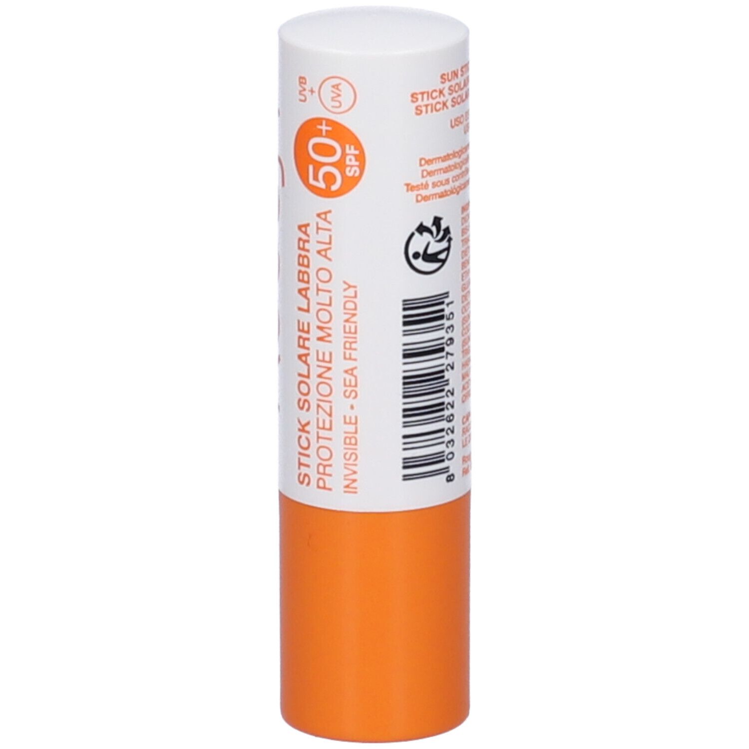 Retro dello stick labbra. Testo: protezione solare, SPF50+, dermatologicamente testato. Codice a barre.
