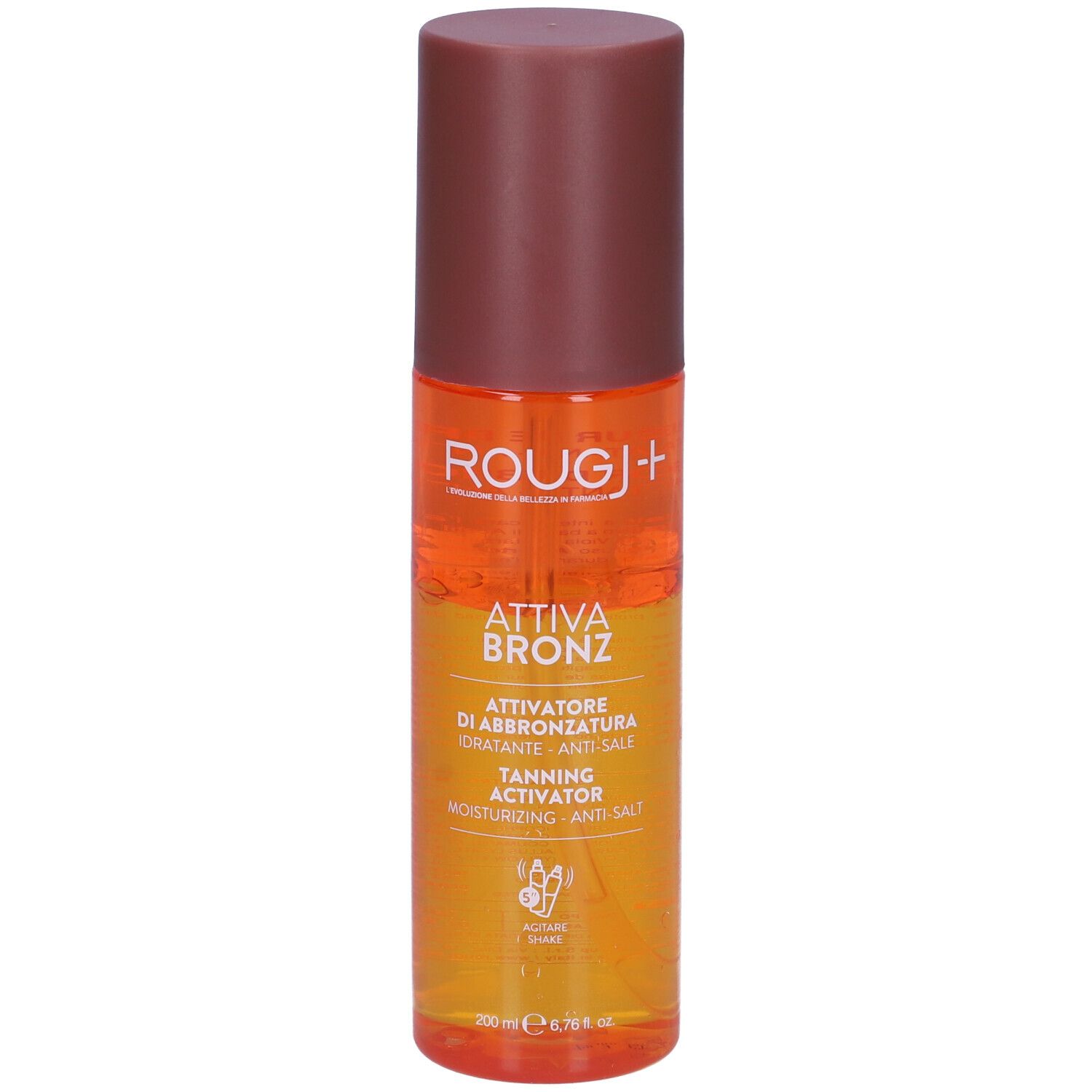 Flacone spray bicolore. Scritte: Rougj+, Attiva Bronz, Tanning Activator. Contenuto: 200 ml.