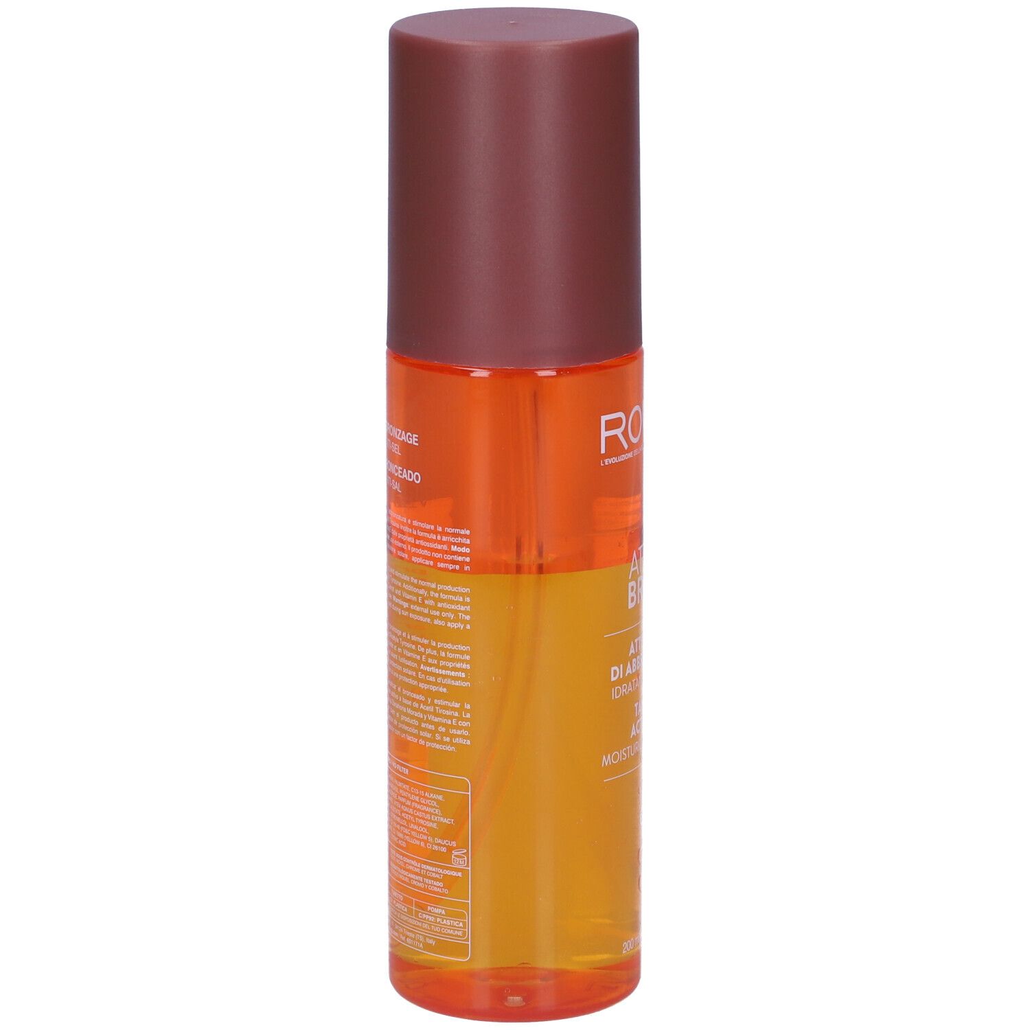 Flacone spray bicolore. Testo sul retro. Ingredienti e informazioni del produttore visibili.