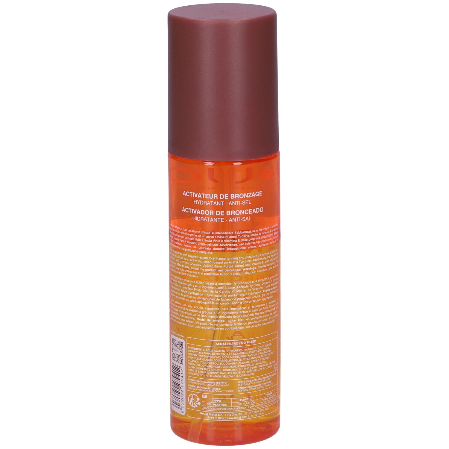 Flacone spray bicolore. Testo sul retro. Ingredienti e informazioni del produttore.