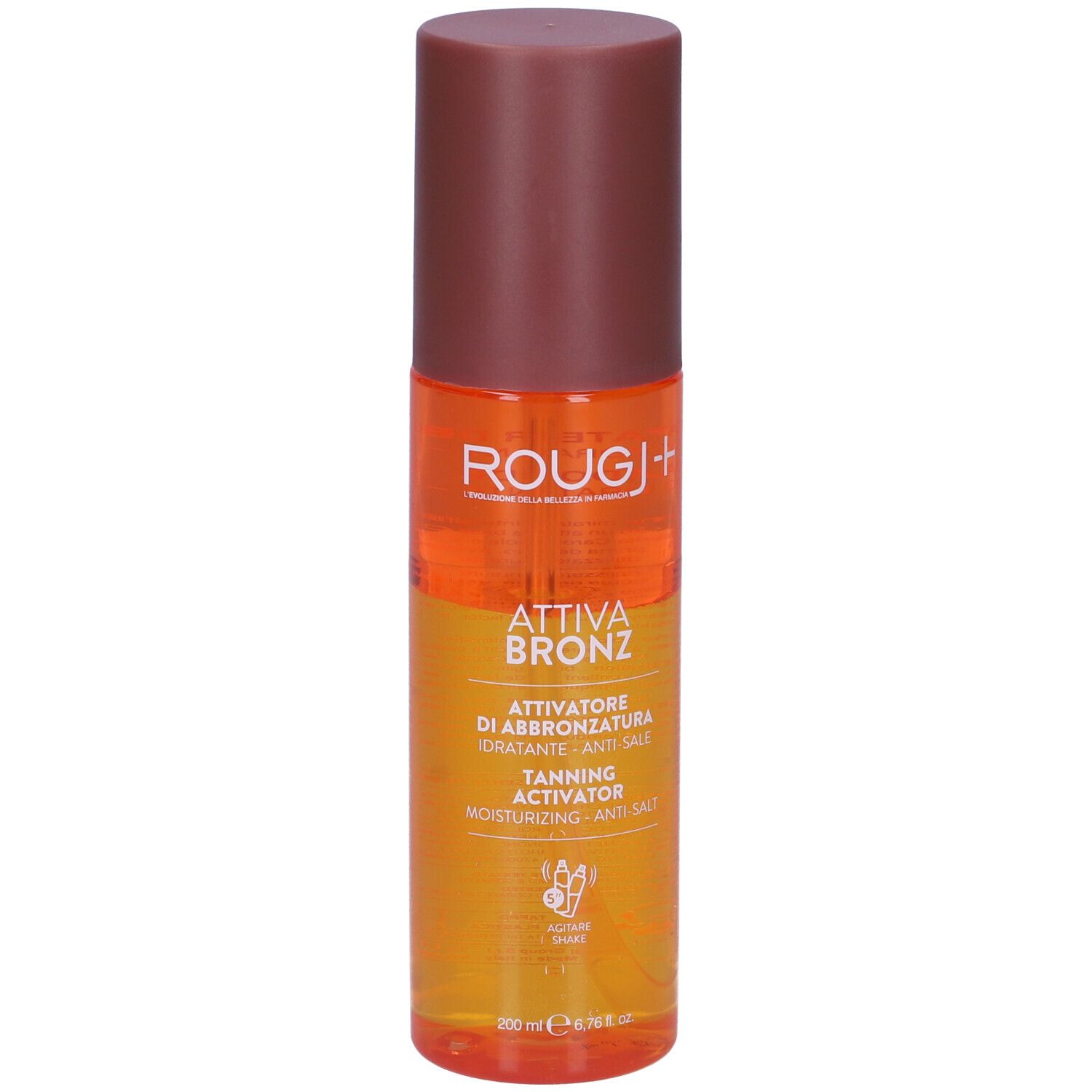 Flacone spray bicolore. Scritte: Rougj+, Attiva Bronz, Tanning Activator. Contenuto: 200 ml.