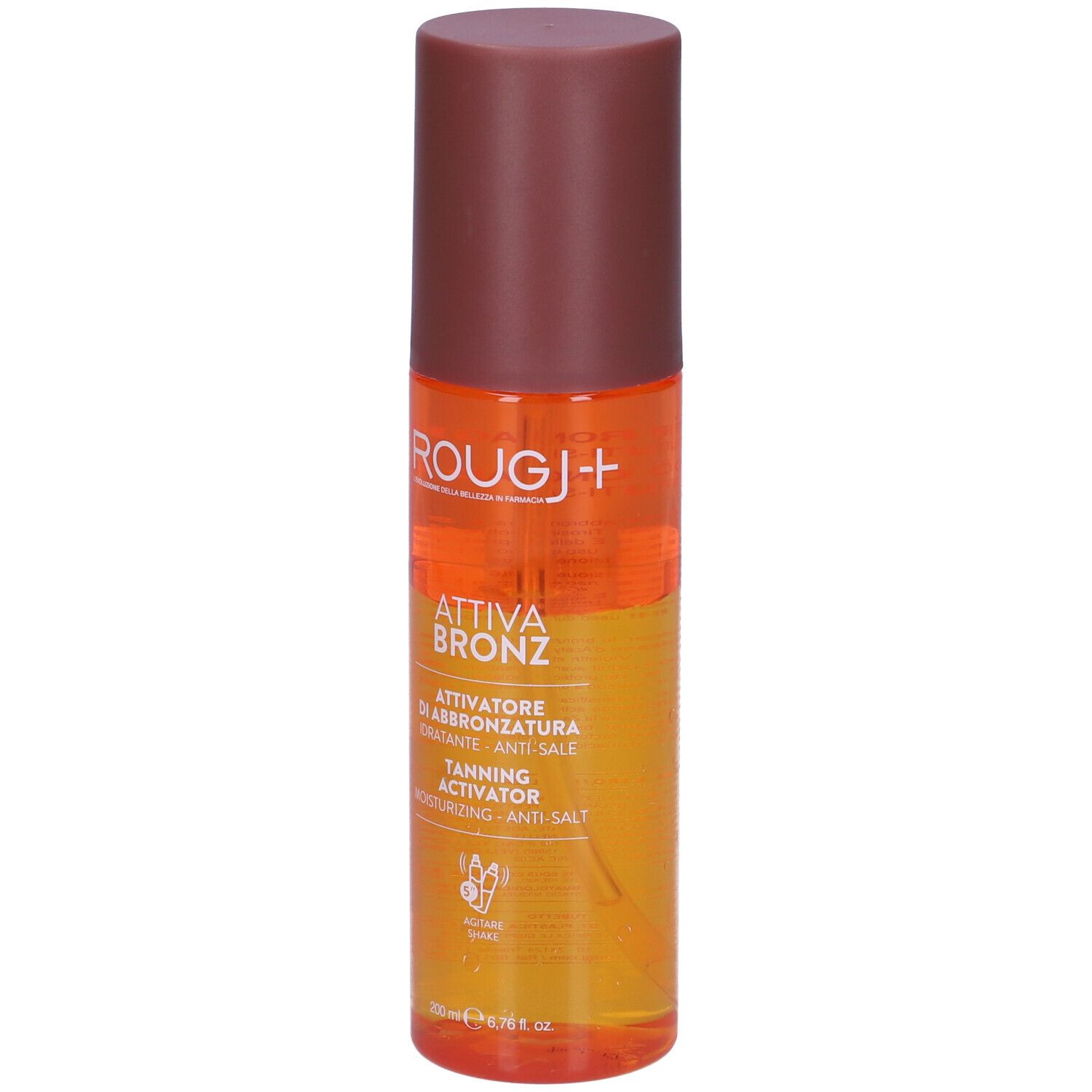 Flacone spray bicolore. Scritte: Rougj+, Attiva Bronz, Tanning Activator. Contenuto: 200 ml.