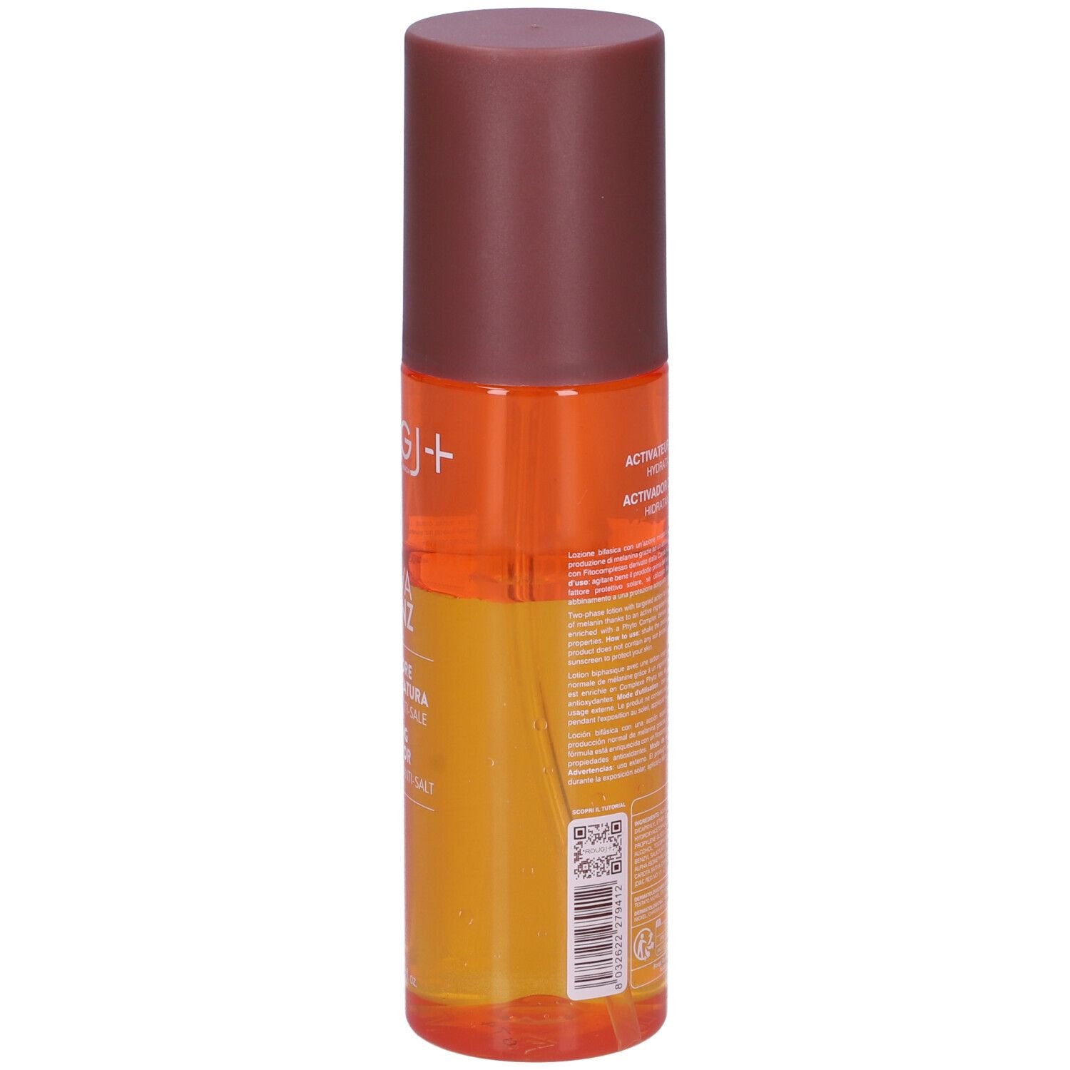 Flacone spray bicolore. Testo sul retro. Ingredienti e informazioni del produttore.