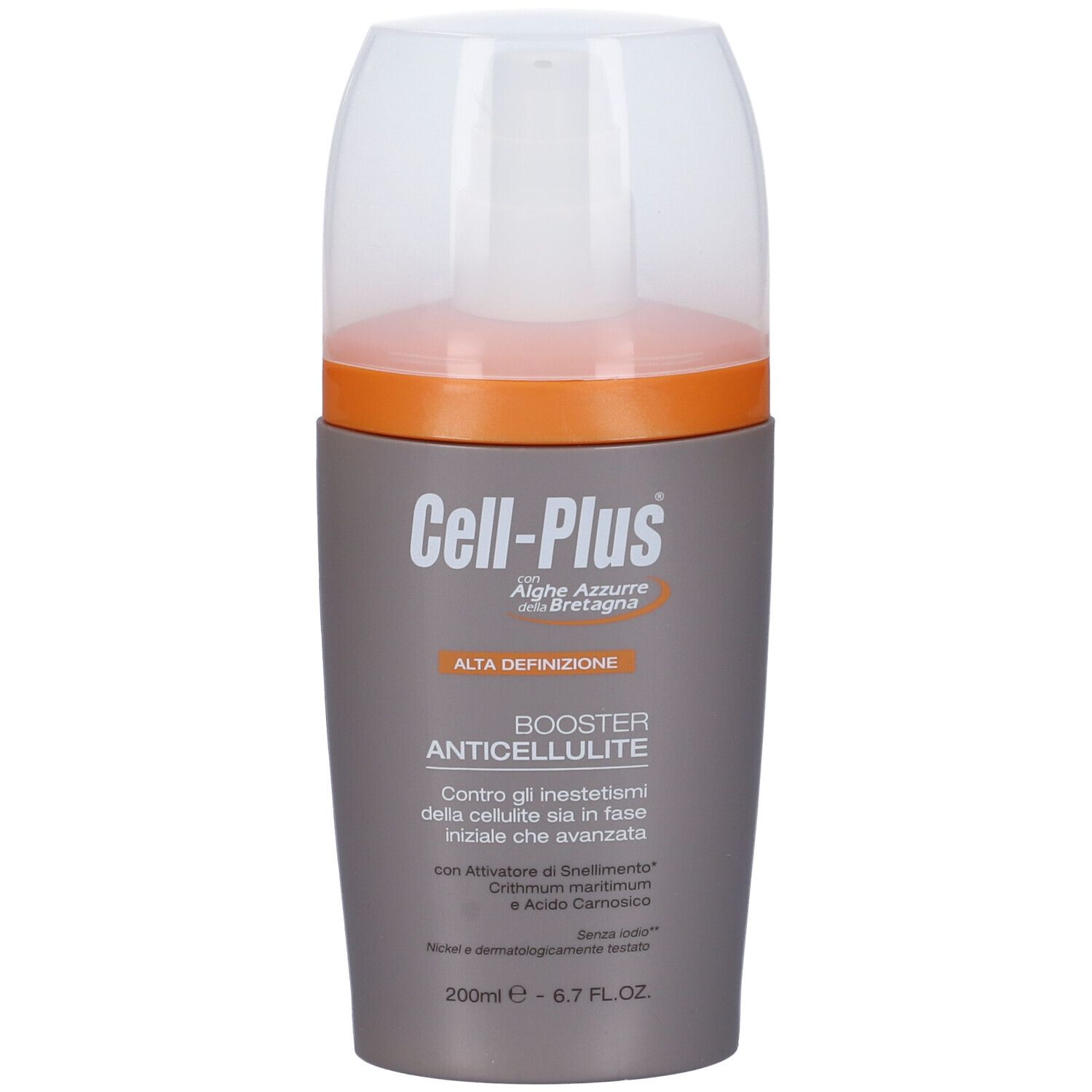 Flacone grigio con tappo bianco e anello arancione. Scritta: Cell-Plus Booster Anticellulite.