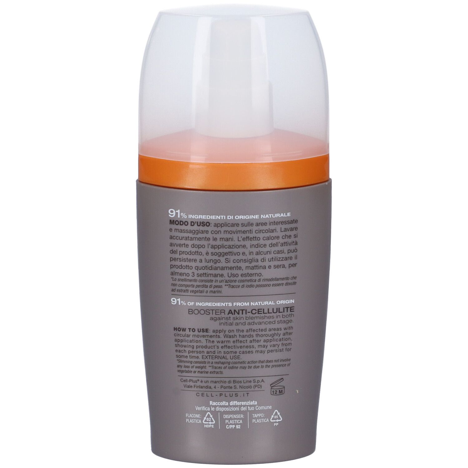 Retro del flacone grigio. Testo con ingredienti e istruzioni per l'uso. 91% ingredienti di origine naturale.