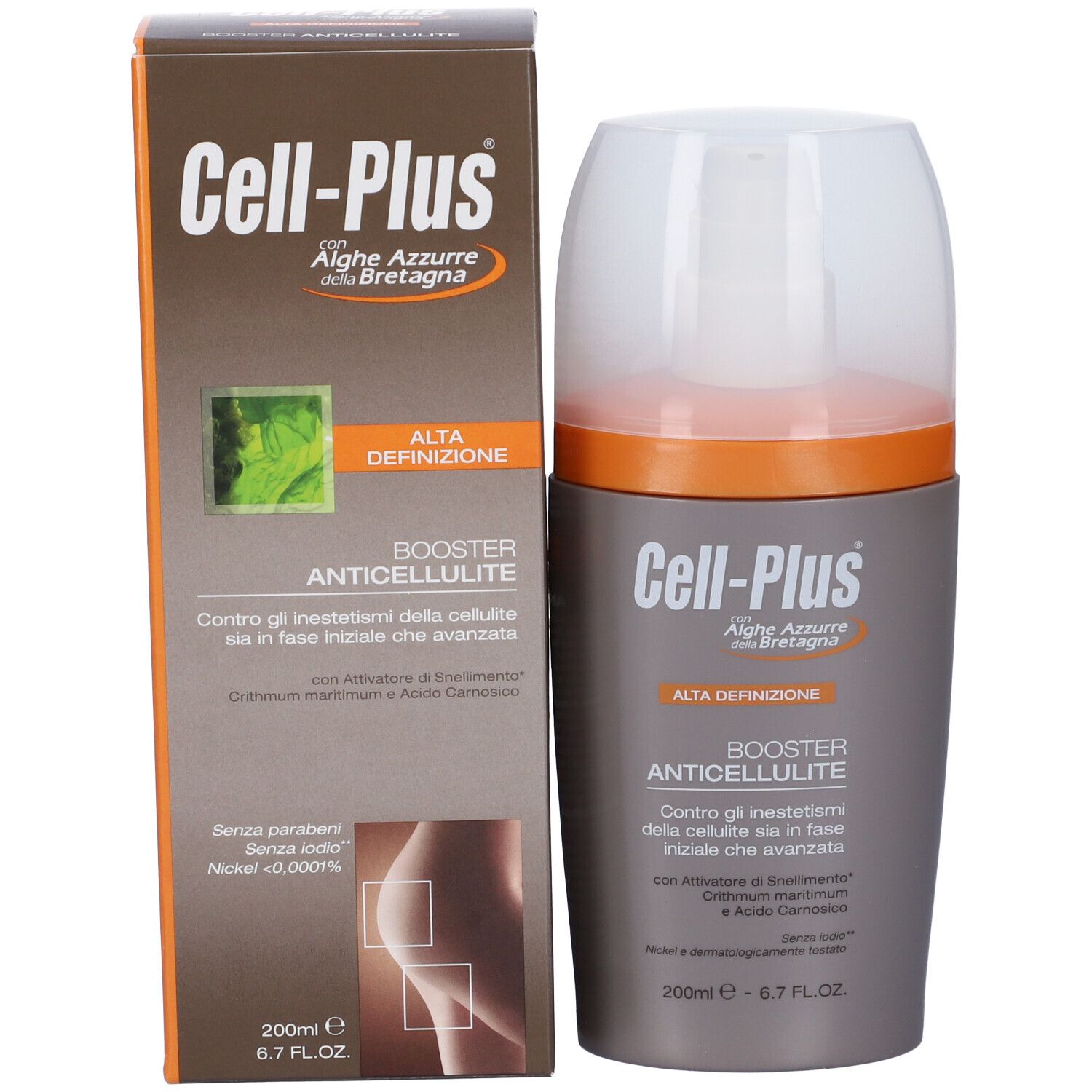Confezione e flacone del prodotto. Scatola marrone con flacone. Scritta: Cell-Plus Booster Anticellulite.