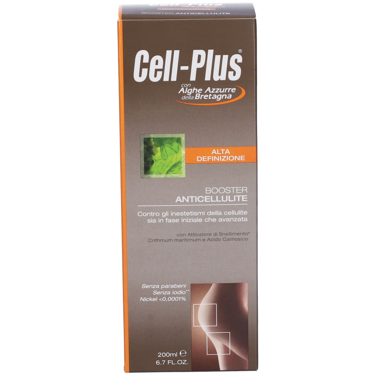 Scatola marrone con informazioni sul prodotto. Scritta: Cell-Plus Booster Anticellulite. Illustrazione di una donna.
