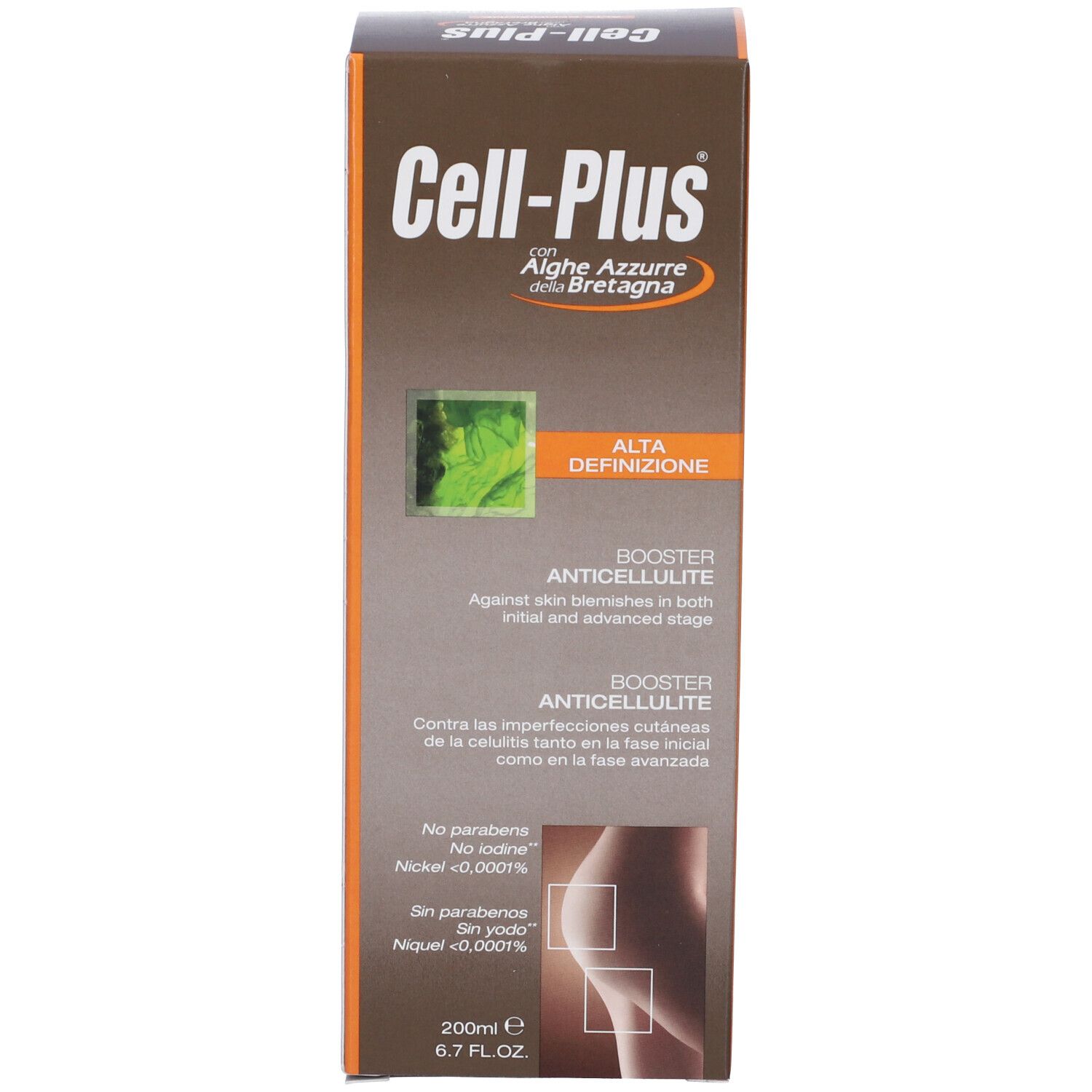 Scatola marrone con testo. Scritta: Cell-Plus Booster Anticellulite. Illustrazione di una donna.