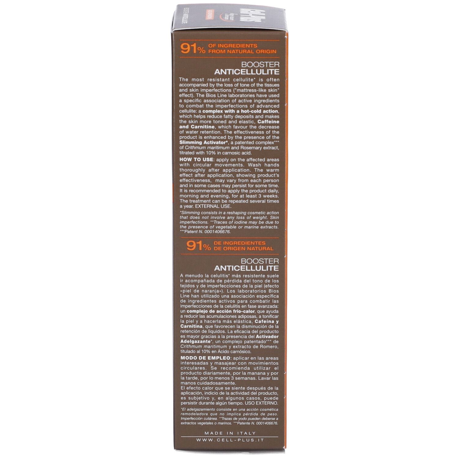 Retro della scatola marrone. Testo con ingredienti e istruzioni per l'uso. 91% ingredienti di origine naturale.