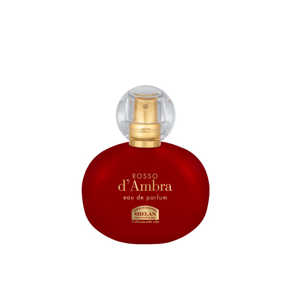 Roter Flakon mit goldfarbenem Zerstäuber. Aufschrift: ROSSO d'Ambra, Eau de Parfum. Marke: HELAN.