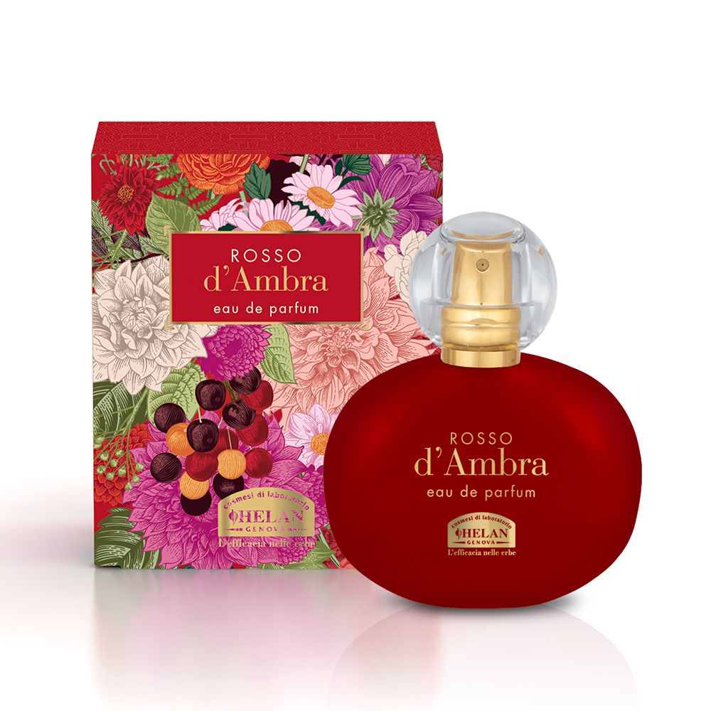 Roter Flakon und Verpackung. Aufschrift: ROSSO d'Ambra, Eau de Parfum. Verpackung mit Blumenmuster. Marke: HELAN.