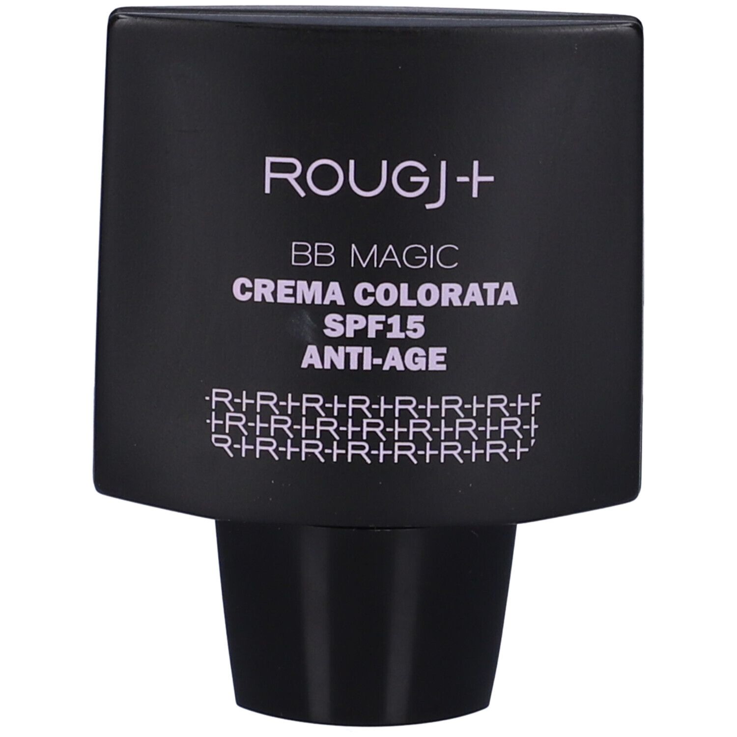 Tubo nero con scritta bianca: ROUGJ+ BB MAGIC CREMA COLORATA SPF15 ANTI-AGE. Nome del prodotto e caratteristiche.