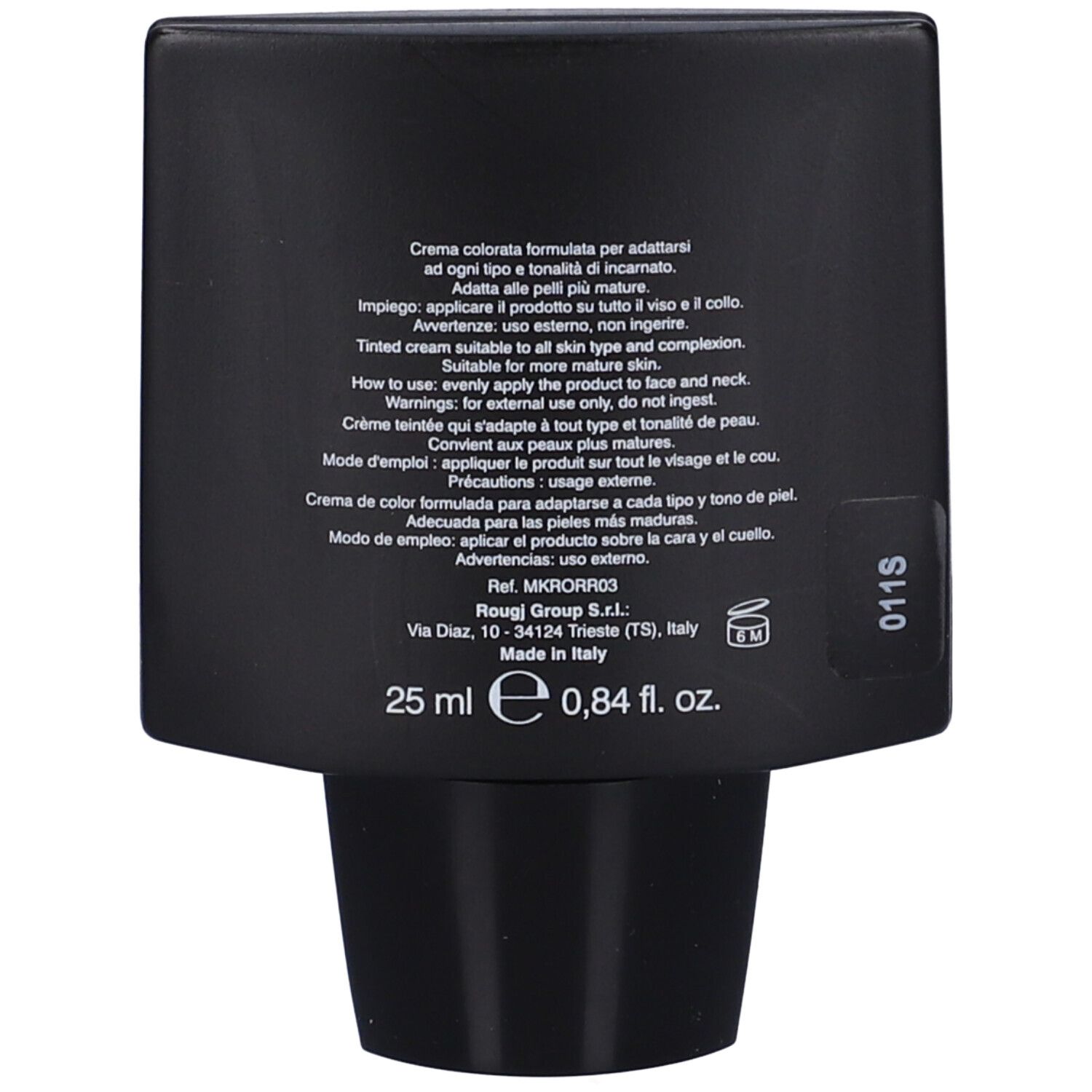 Retro del tubo nero. Testo in italiano. 25 ml, 0,84 fl. oz. Made in Italy. Informazioni sul prodotto.