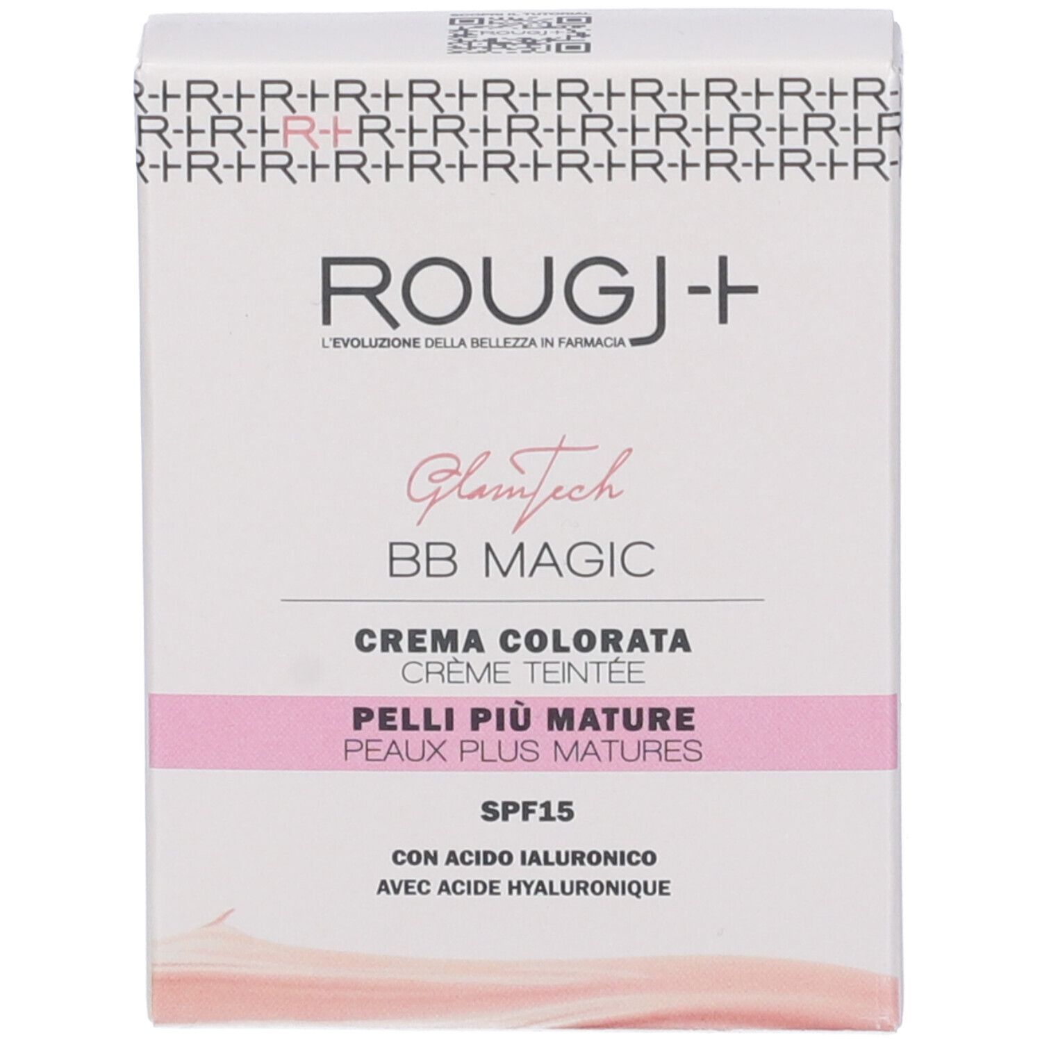 Scatola bianca con nome e caratteristiche: ROUGJ+ BB MAGIC CREMA COLORATA PELLI PIÙ MATURE SPF15. Accento rosa.