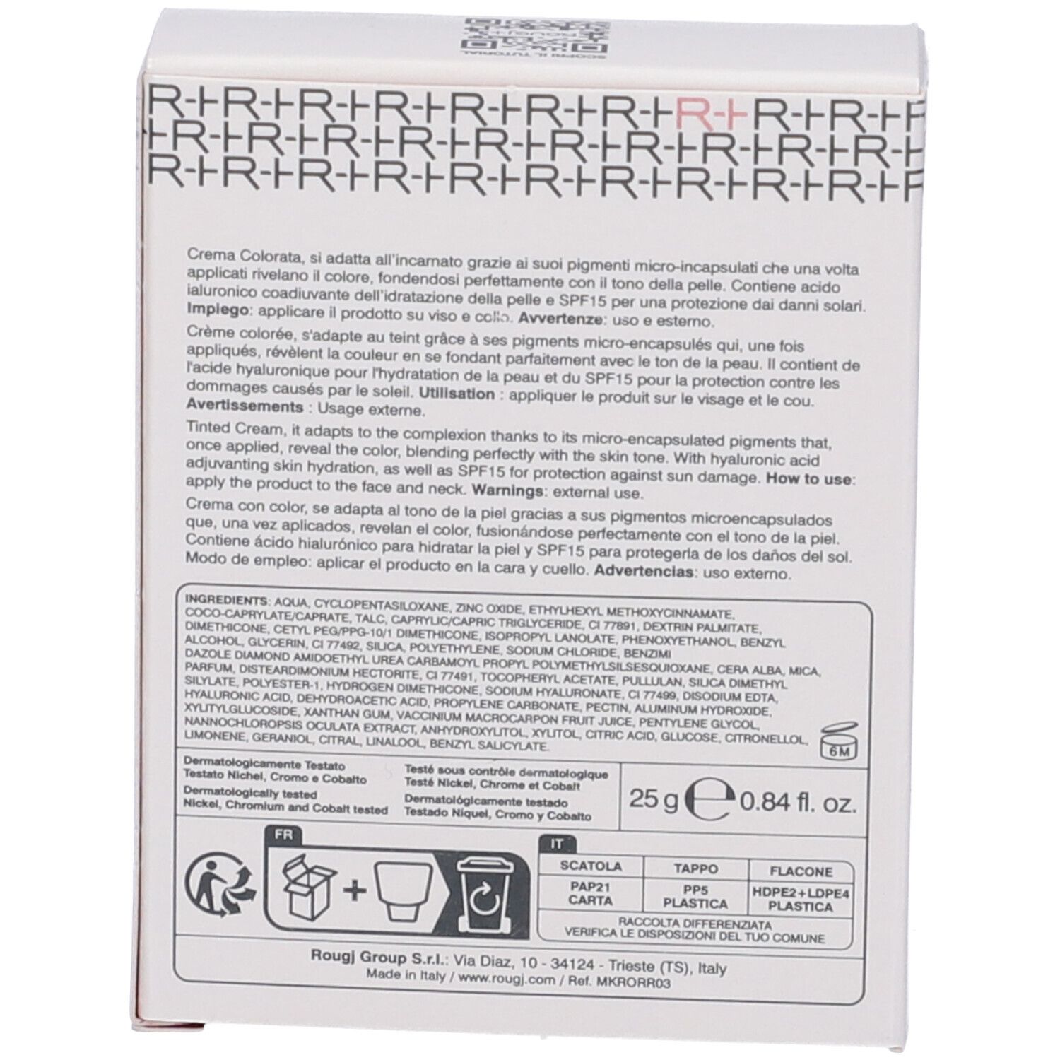Retro della confezione. Ingredienti, istruzioni per l'uso e informazioni sul prodotto. 25g/0.84 fl. oz.