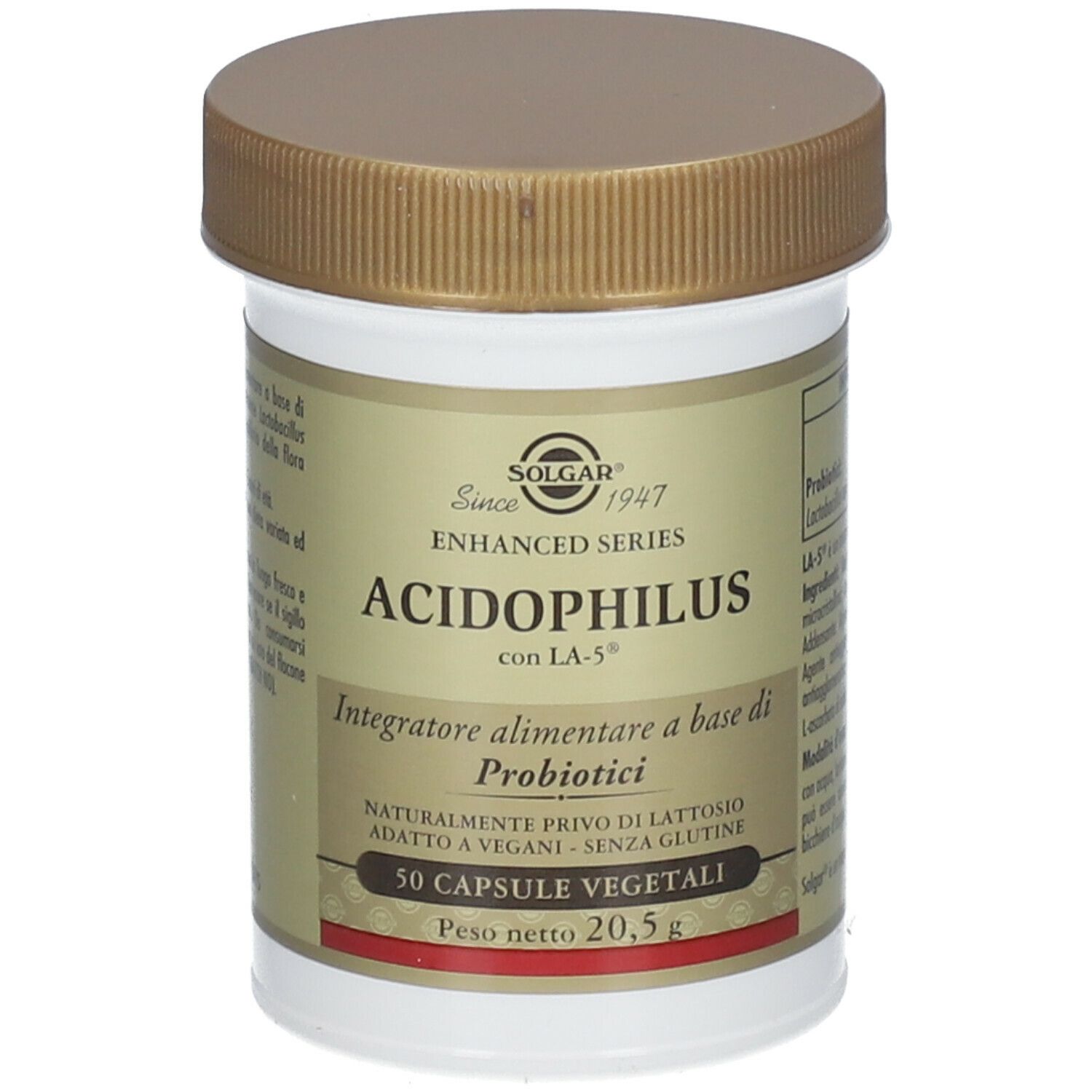 Barattolo di SOLGAR® Acidophilus. Contenitore bianco, coperchio marrone. Etichetta con nome e informazioni.