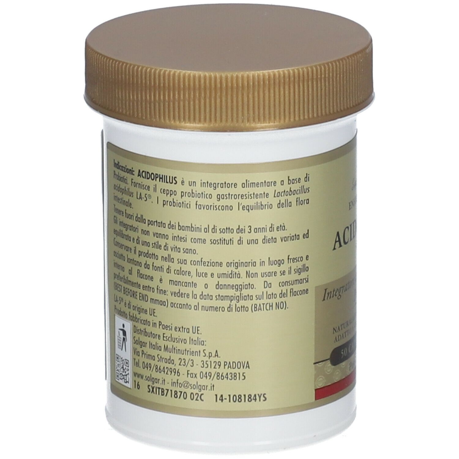 Retro del barattolo SOLGAR® Acidophilus. Etichetta con informazioni, indirizzo produttore e numero di lotto.