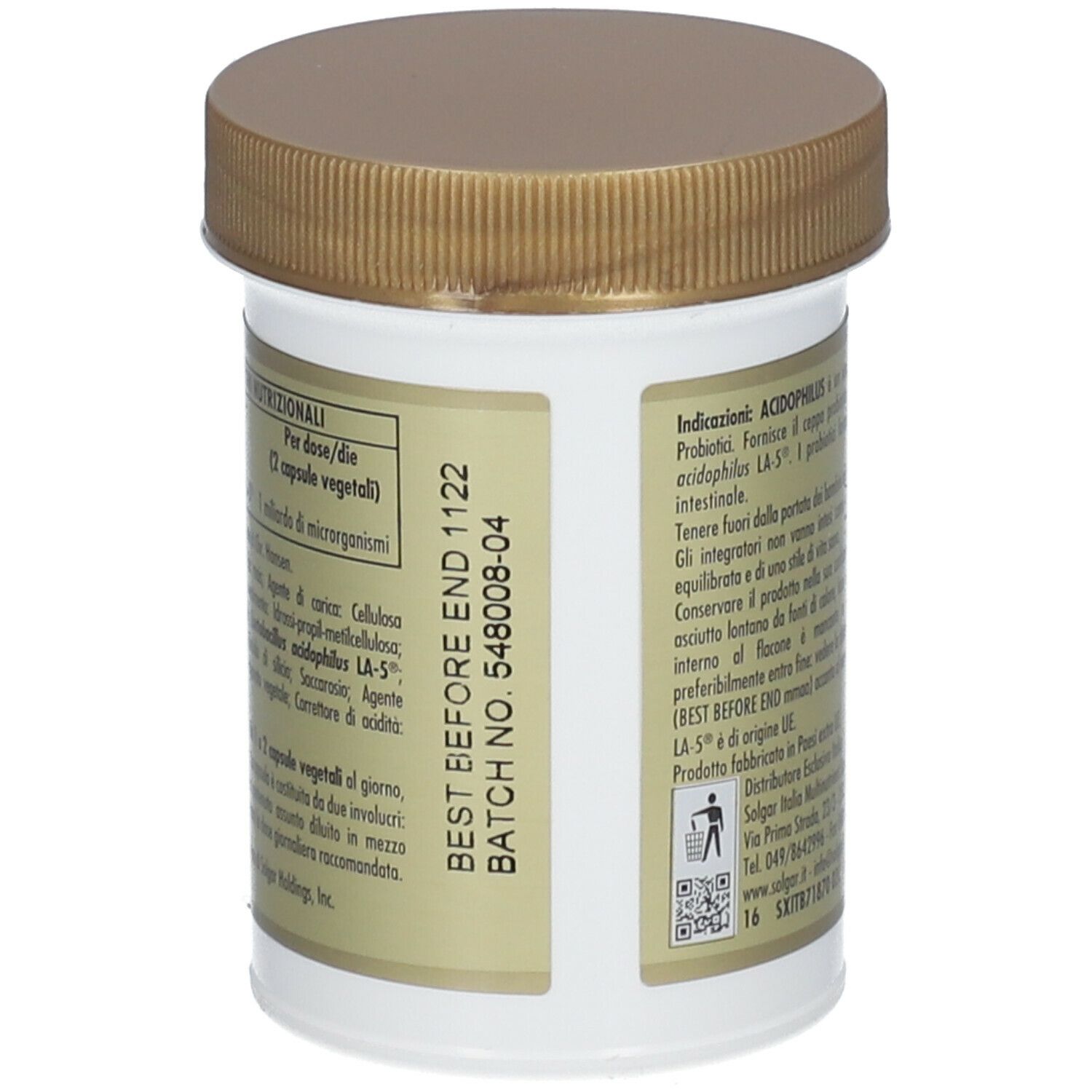 Retro del barattolo SOLGAR® Acidophilus. Etichetta con data di scadenza e numero di lotto.