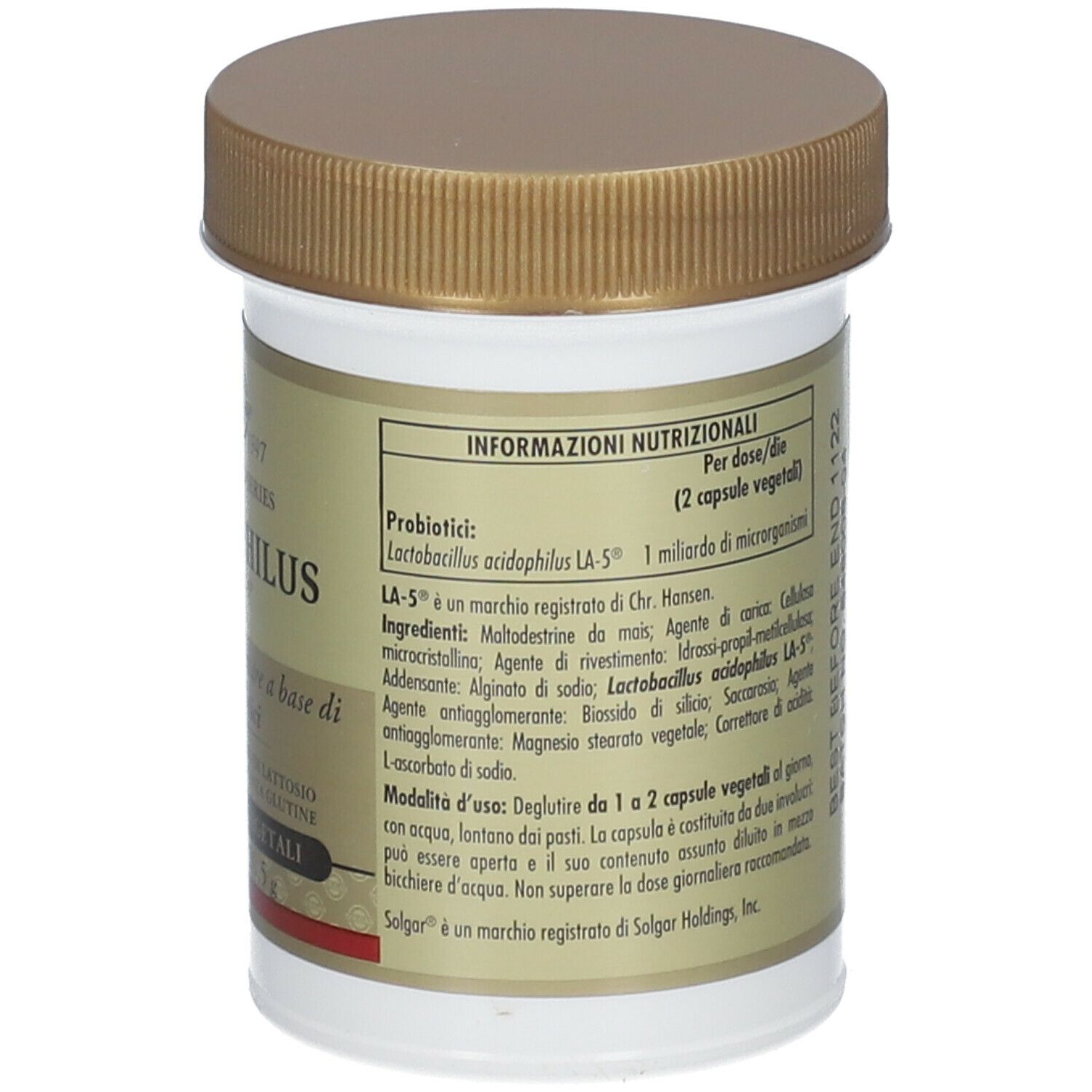 Retro del barattolo SOLGAR® Acidophilus. Etichetta con informazioni nutrizionali e ingredienti.