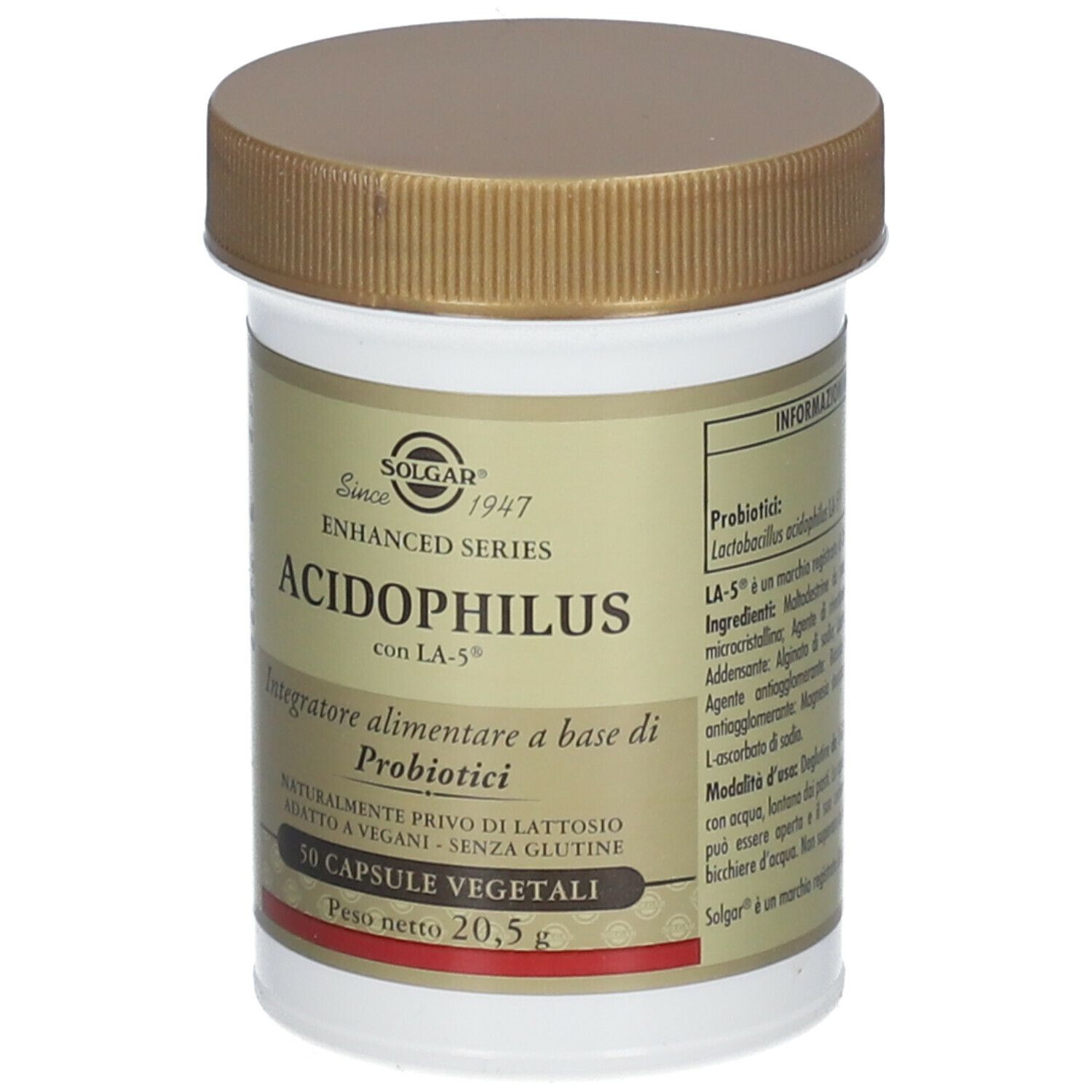Barattolo di SOLGAR® Acidophilus. Contenitore bianco, coperchio marrone. Etichetta con informazioni.