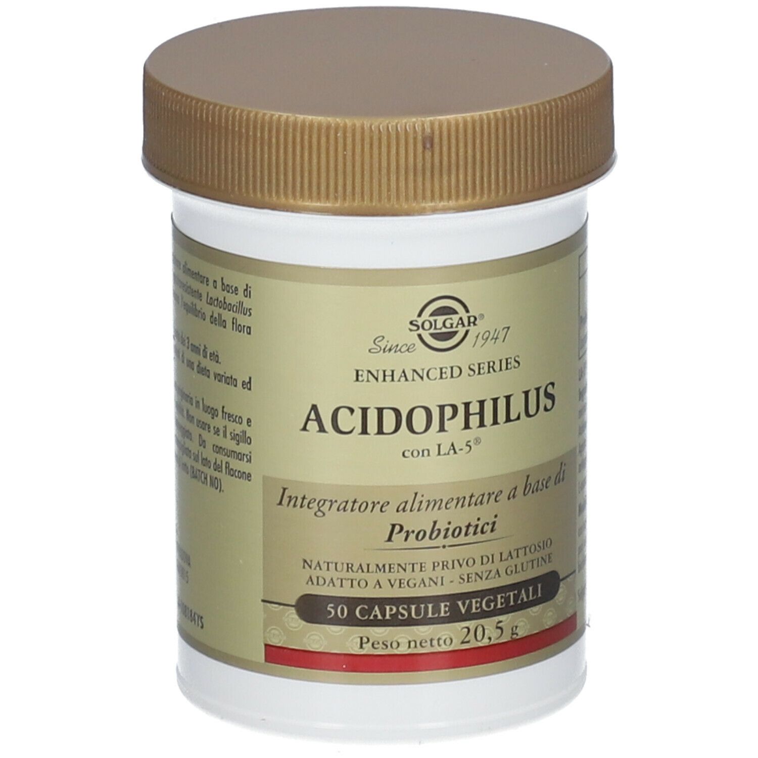 Barattolo di SOLGAR® Acidophilus. Contenitore bianco, coperchio marrone. Etichetta con informazioni.