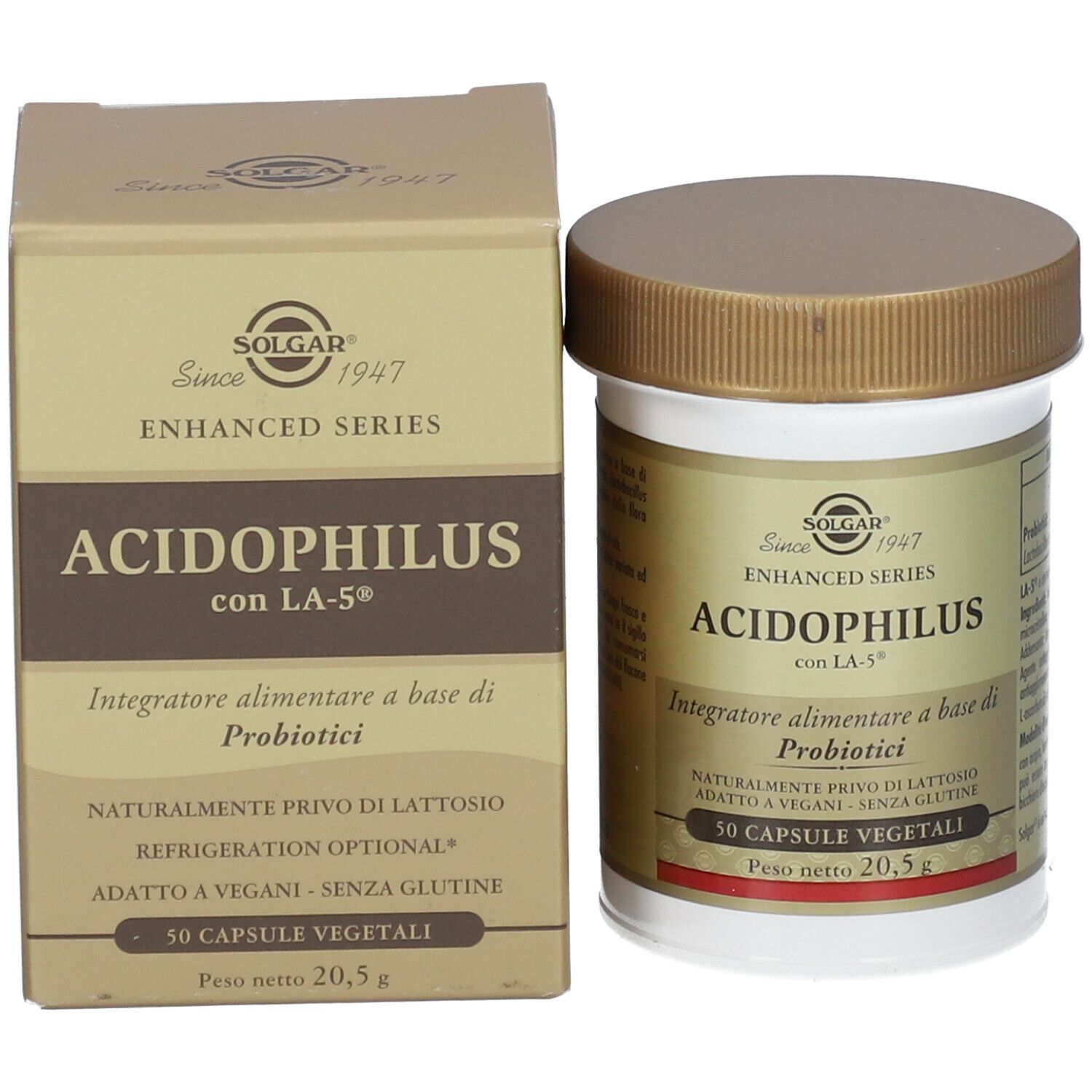 Barattolo e scatola SOLGAR® Acidophilus. Contenitore bianco, scatola marrone. Informazioni prodotto.