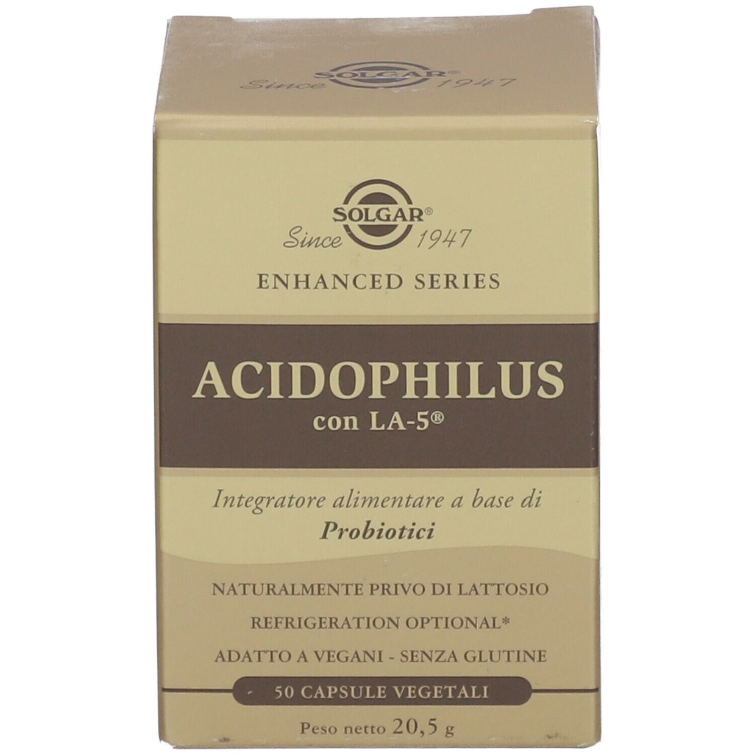 Scatola SOLGAR® Acidophilus. Scatola marrone con informazioni prodotto e logo del marchio.