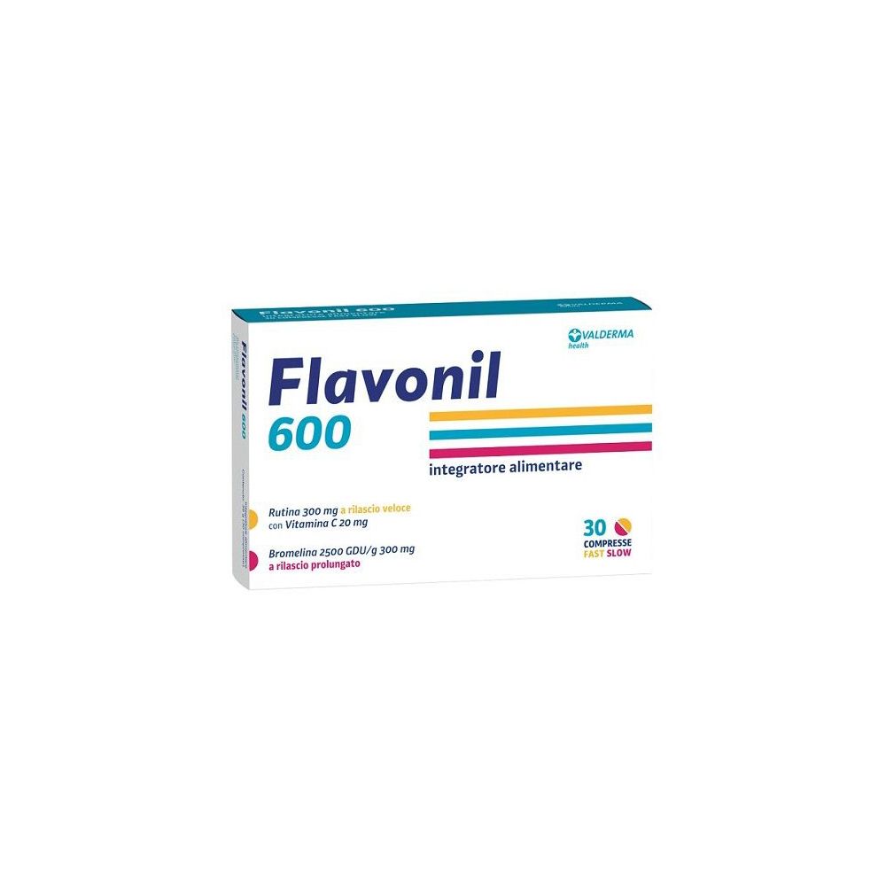 Scatola di Flavonil 600, 30 compresse. Strisce blu, gialle e rosse. Testo: Integratore alimentare.
