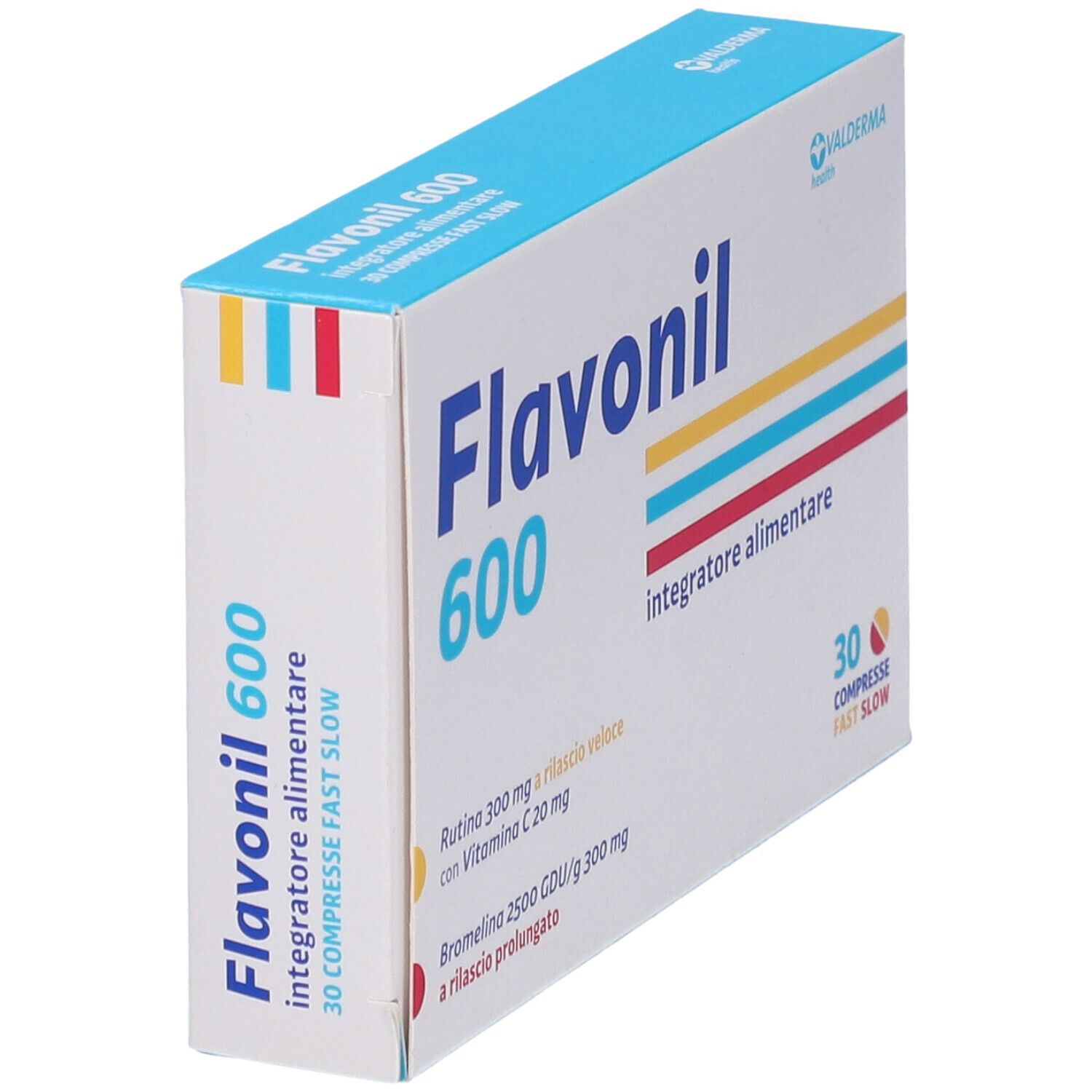 Scatola di Flavonil 600, 30 compresse. Strisce blu, gialle e rosse. Testo: Integratore alimentare.