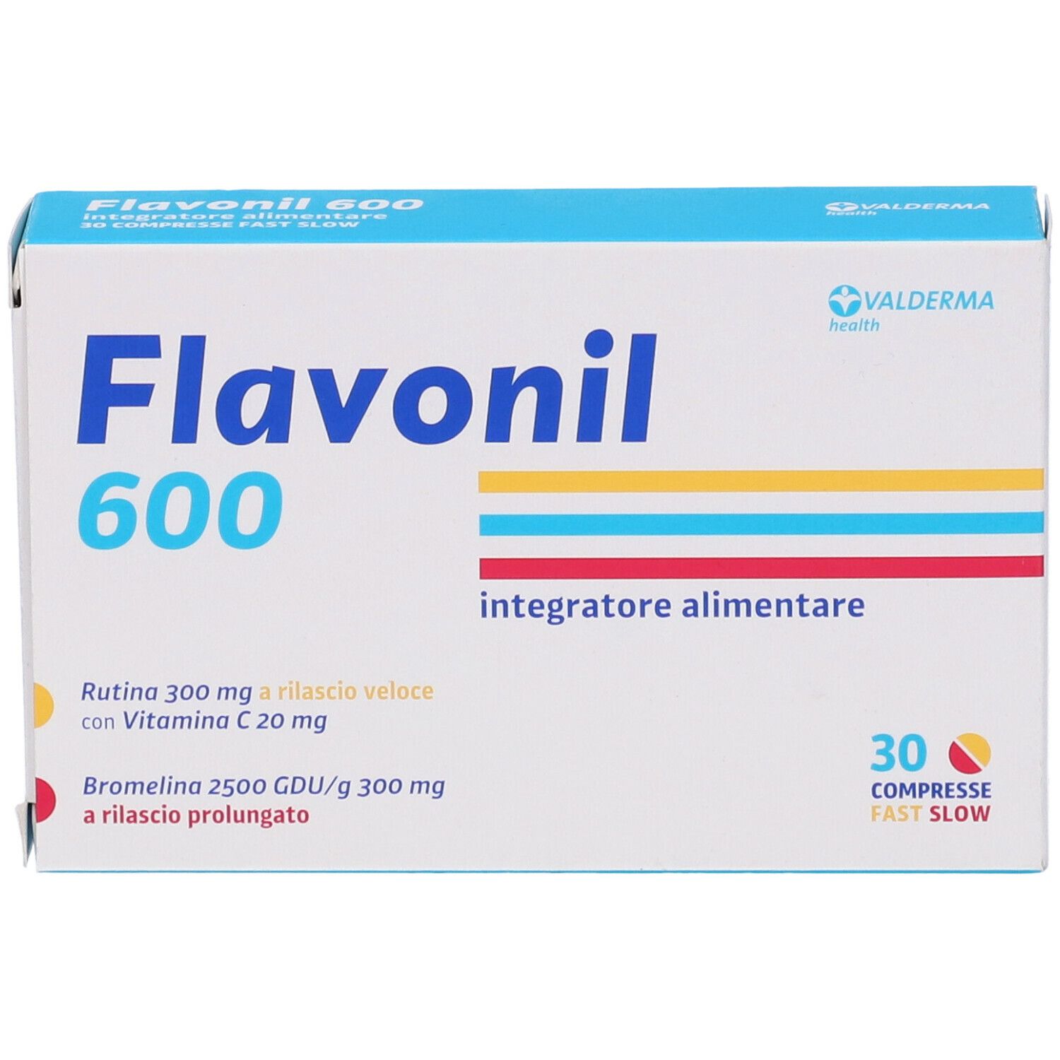Scatola di Flavonil 600, 30 compresse. Strisce blu, gialle e rosse. Testo: Integratore alimentare.